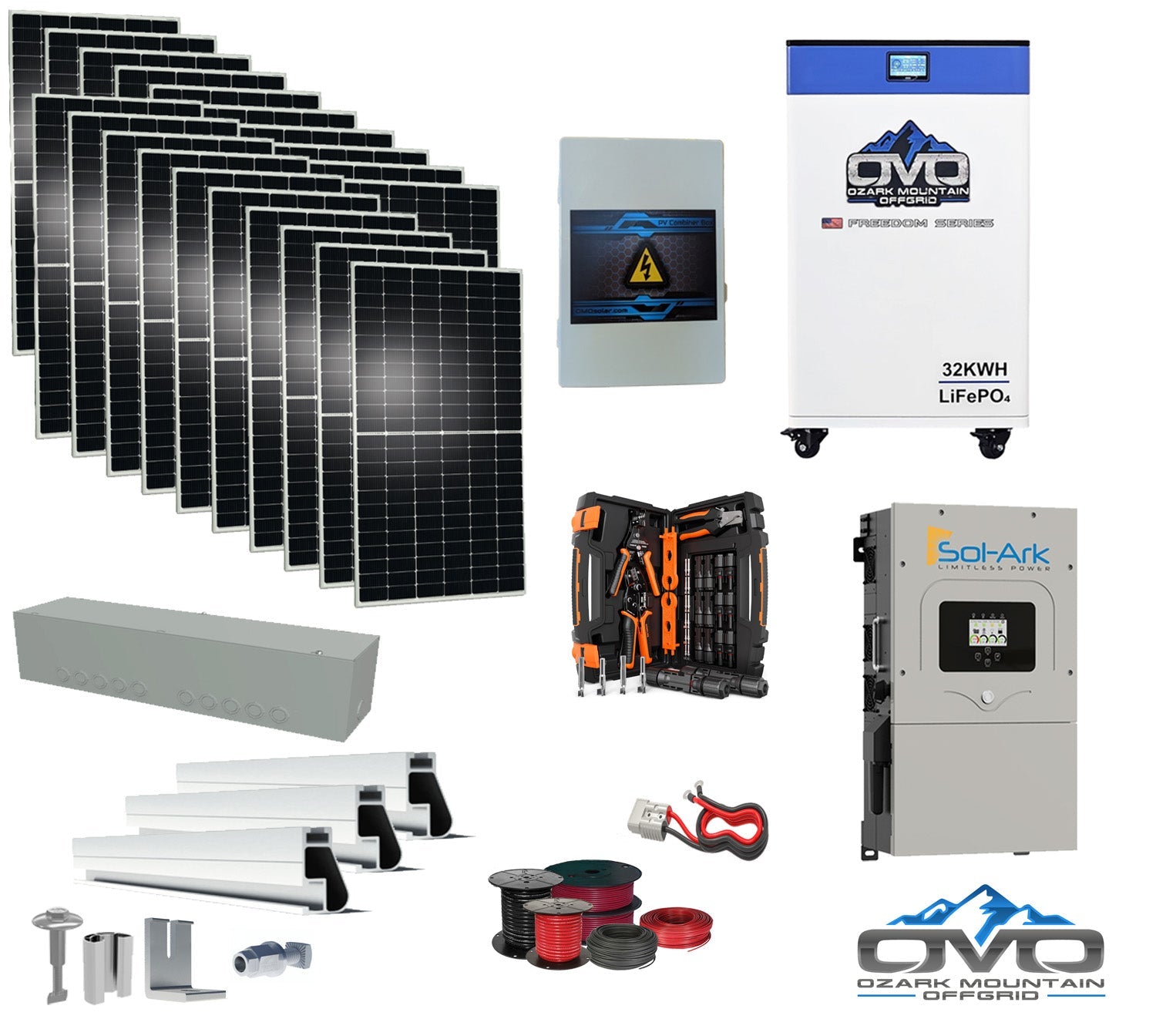 10KW Complete Offgrid Solar Kit + 15K Sol-Ark Inverter + 32kWh OMO 48V Freedom Series Lithium Battery + 11KW Solar with Roof Mount Rails and Wiring (SC)