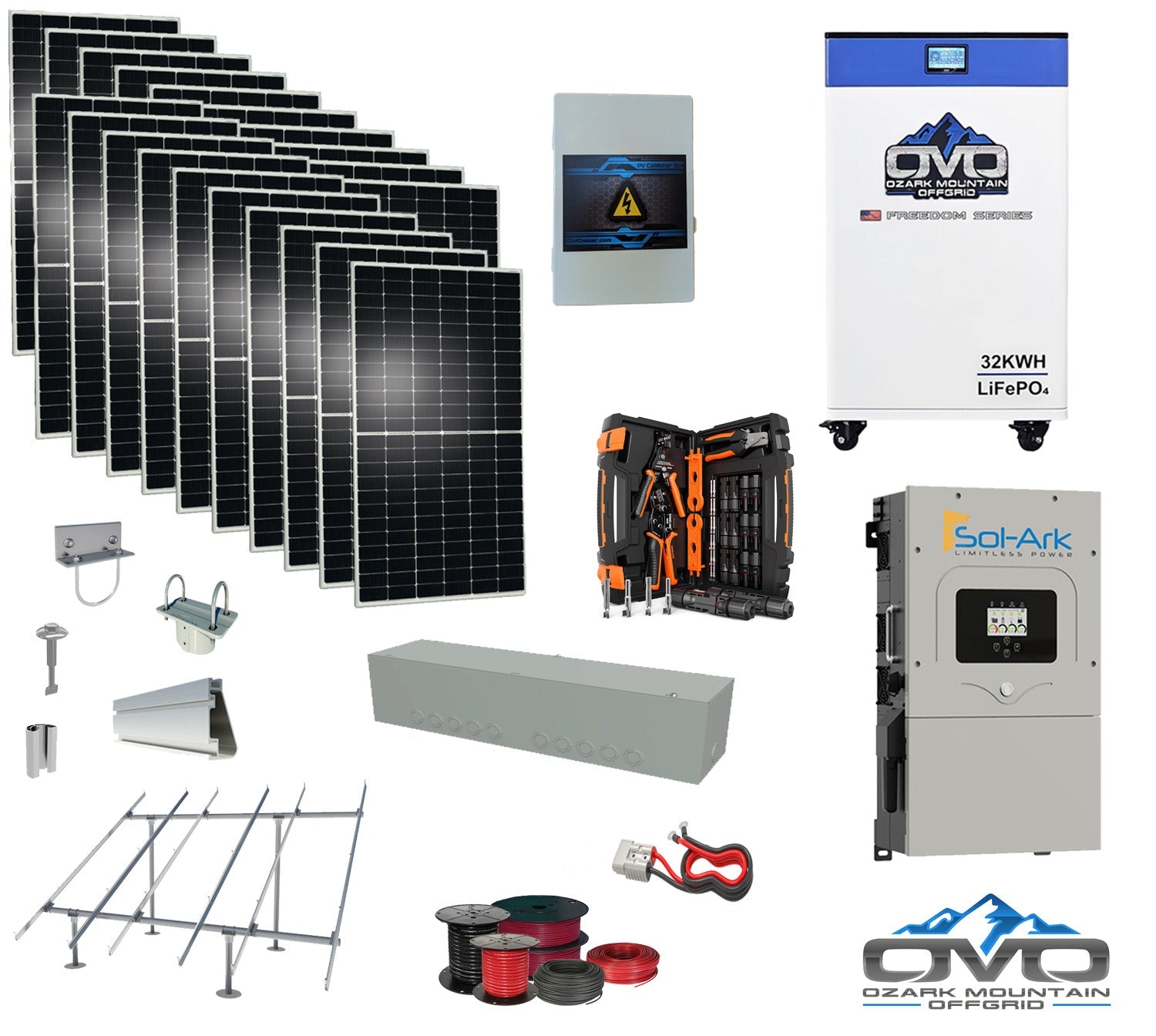 10KW Complete Offgrid Solar Kit + 15K Sol-Ark Inverter + 32kWh OMO 48V Freedom Series Lithium Battery + 11KW Solar with Ground Mount Rails and Wiring (SC)