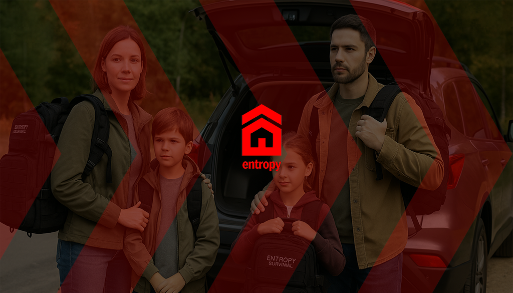 Family prepared with Entropy Survival bug out bags for emergency evacuation
