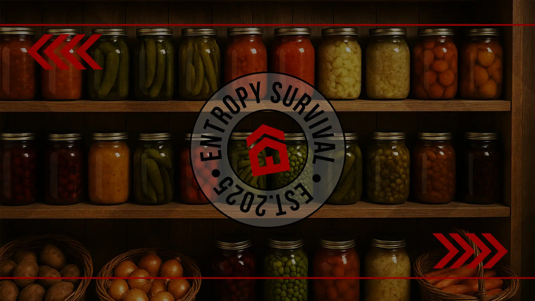 Complete homestead foods pantry with preserved foods and emergency storage using Entropy Survival principles