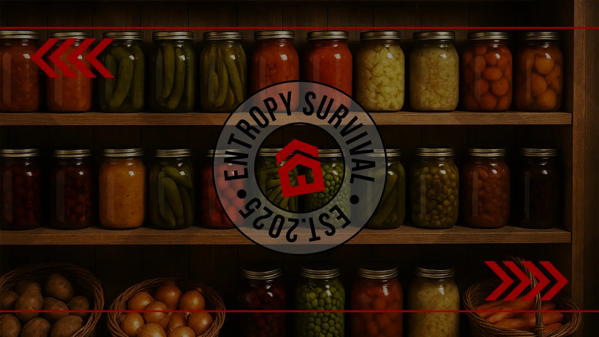 Complete homestead foods pantry with preserved foods and emergency storage using Entropy Survival principles