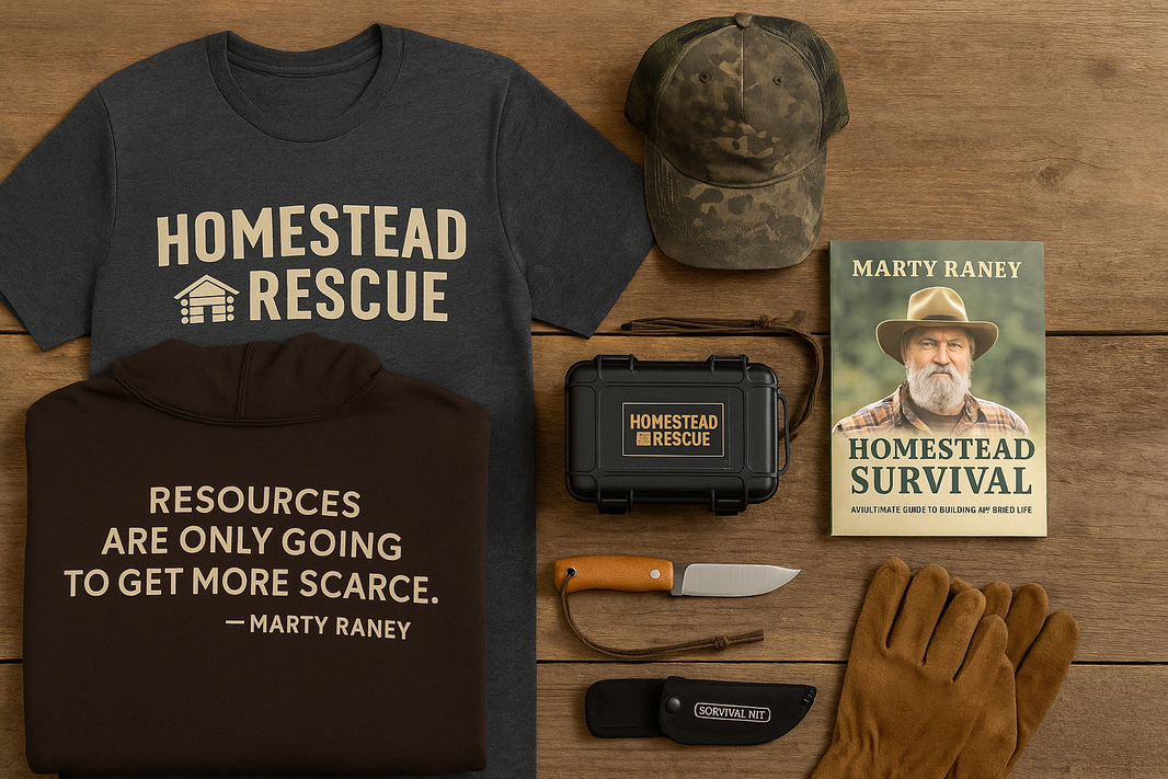 Official Homestead Rescue merchandise collection featuring practical gear and apparel