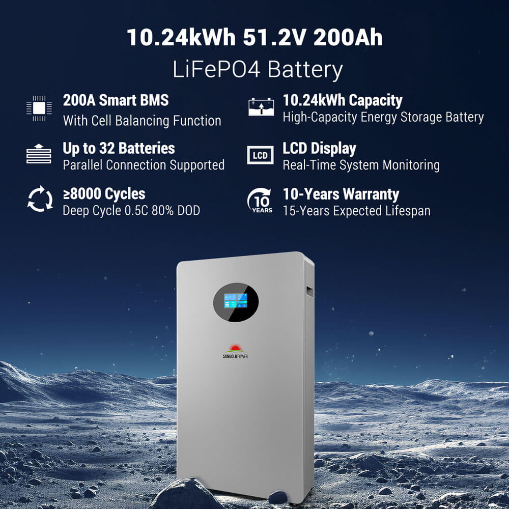 Wall-mounted X LiFePO4 LITHIUM BATTERY 10.24kWh 51.2V 200AH SG48200T