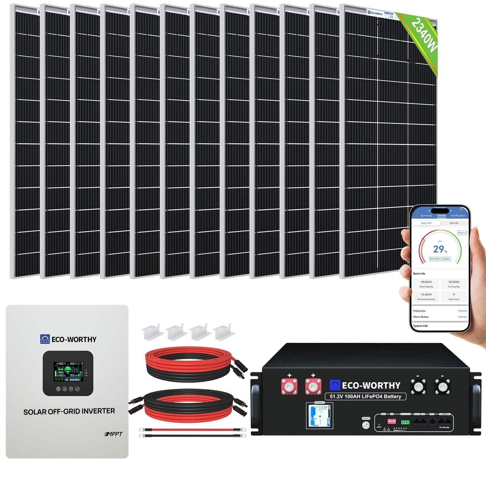 Eco-Worthy 2340W 48V (12×195W) Complete MPPT Off-Grid Solar Kit | 5kW Inverter + 48V 100Ah Rack Battery (SC)