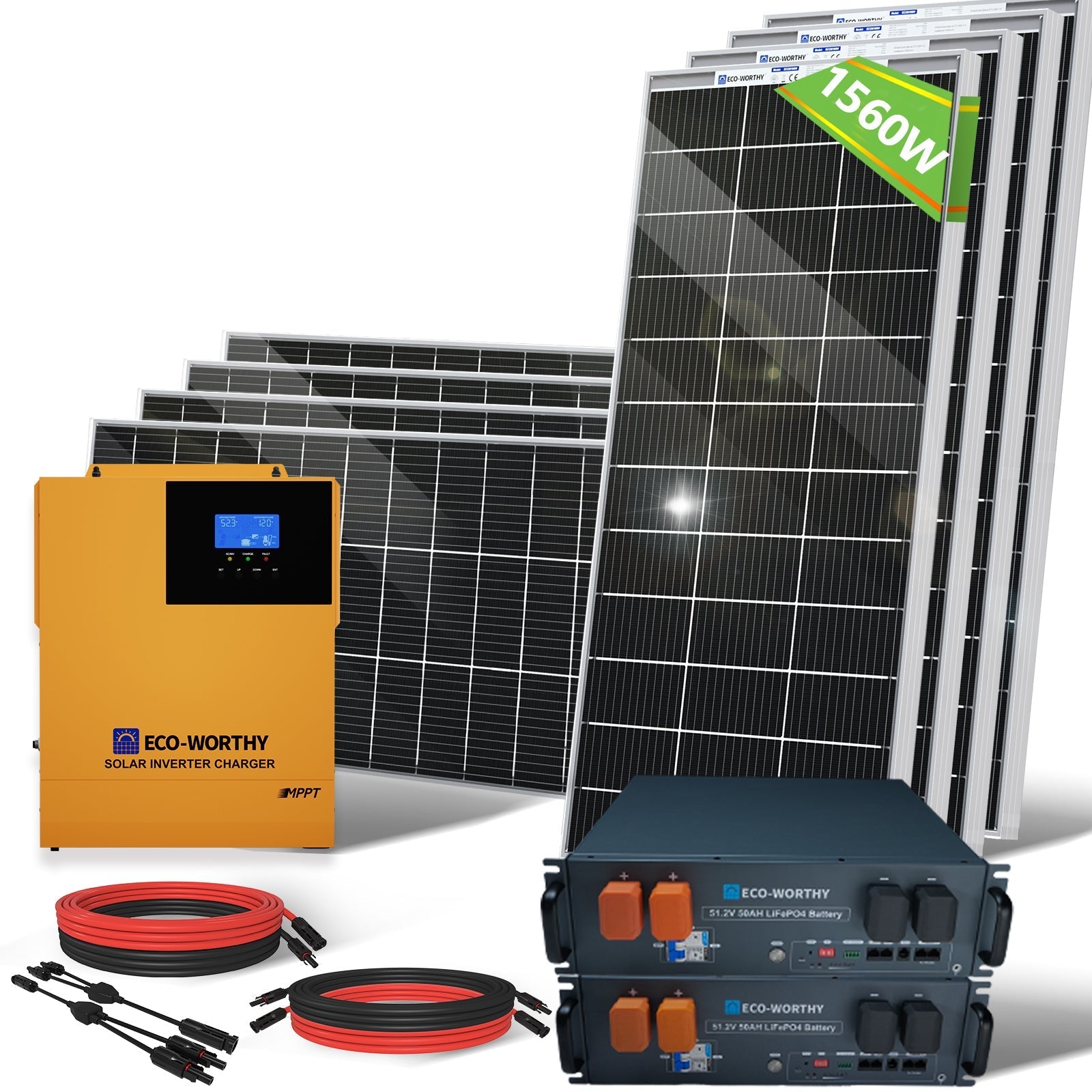 Eco-Worthy 1560W 48V (8×195W) Complete Off-Grid Solar Kit | 3.5kW Inverter + 2× 48V 50Ah Server Rack Batteries (SC)