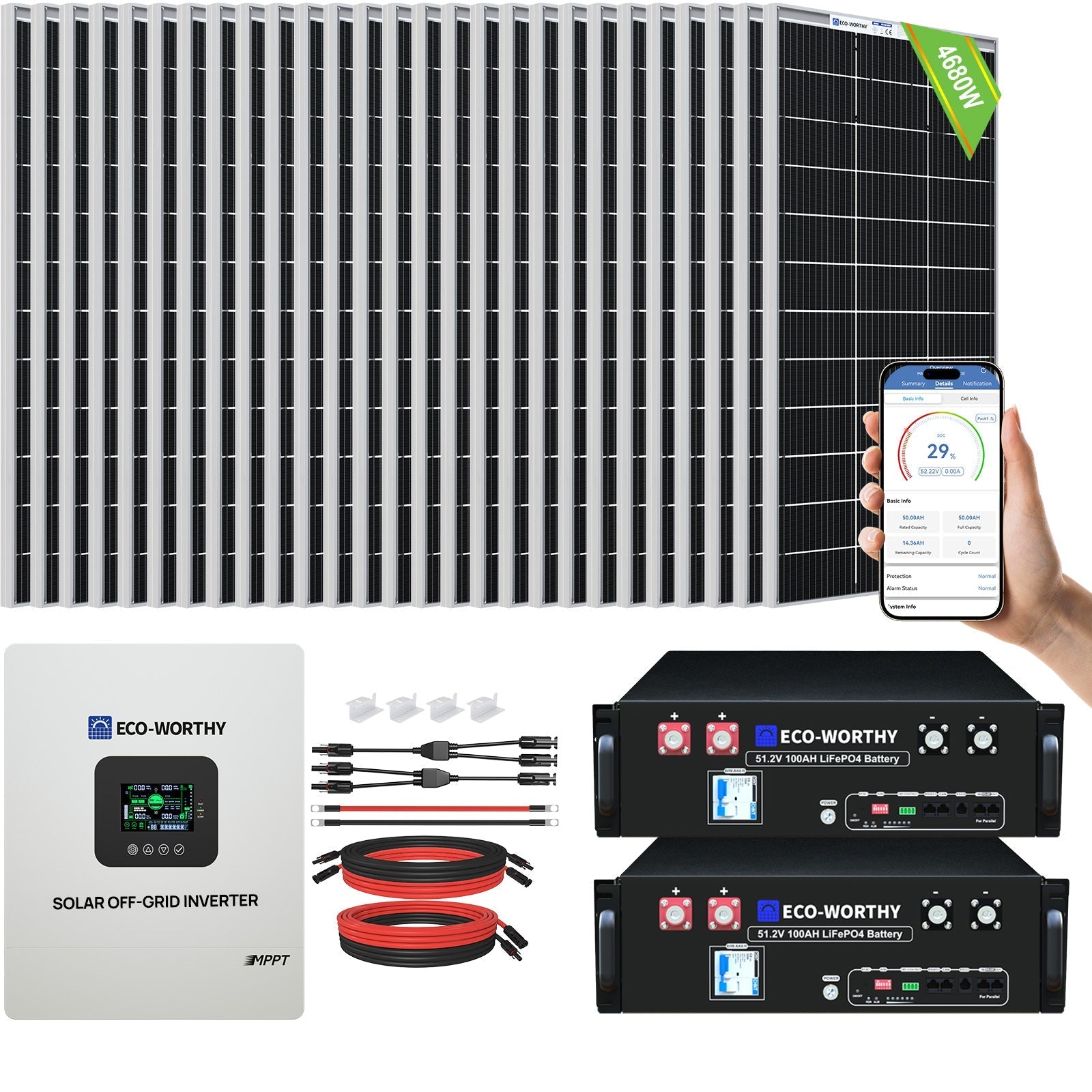 Eco-Worthy 4800W 48V (24×195W) Complete MPPT Off-Grid Solar Kit | 5kW Inverter + 10.24kWh Battery (SC)