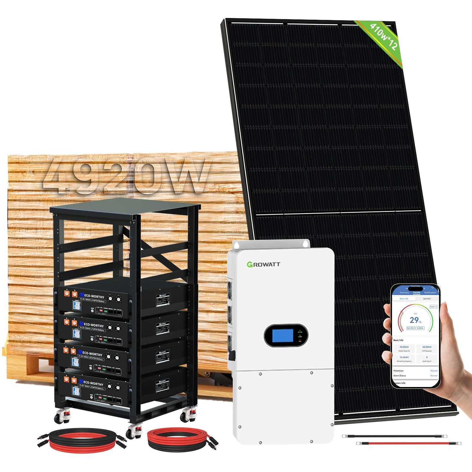 ECO-WORTHY Home Hybrid Solar Power System: 10KW GROWATT 120V/240V Output+ 20.48kWh Lithium Battery (4*48v 100Ah)+ 4920W Solar Panel (12*410W) (SC)