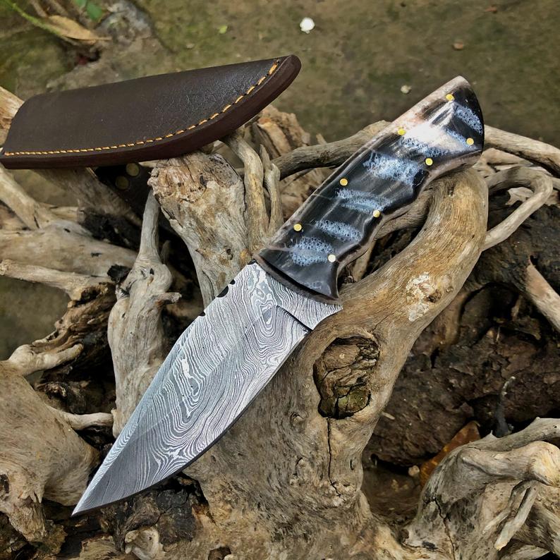 Sheep Horn Damascus Hunting Skinning Knife (SC)