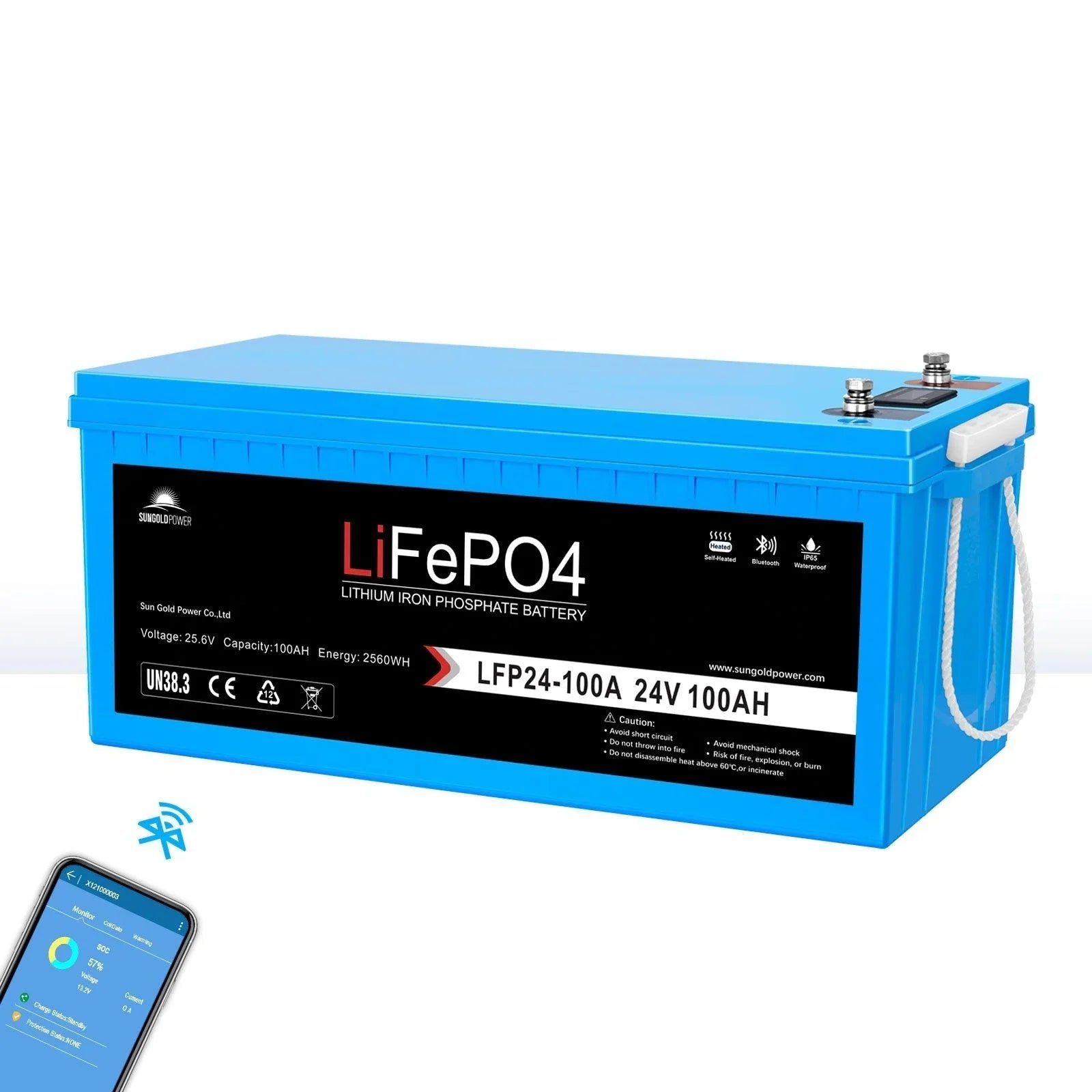24V 100Ah LiFePo4 Deep Cycle Lithium Battery Bluetooth / Self-Heating / IP65 (SC)