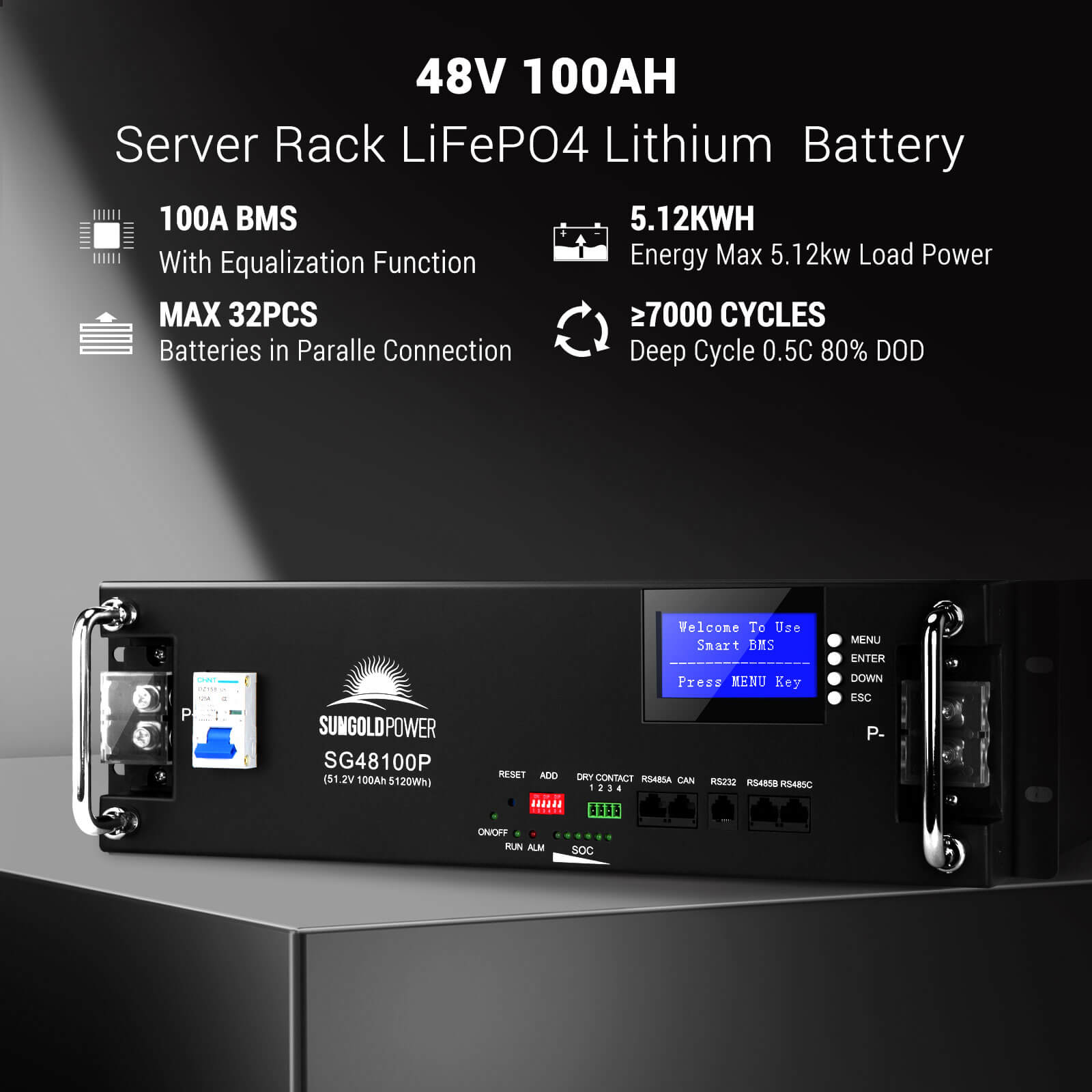 4 X 48V 100AH Server Rack LiFePO4 Lithium  Battery SG48100P UL1973  UL9540A (SC)