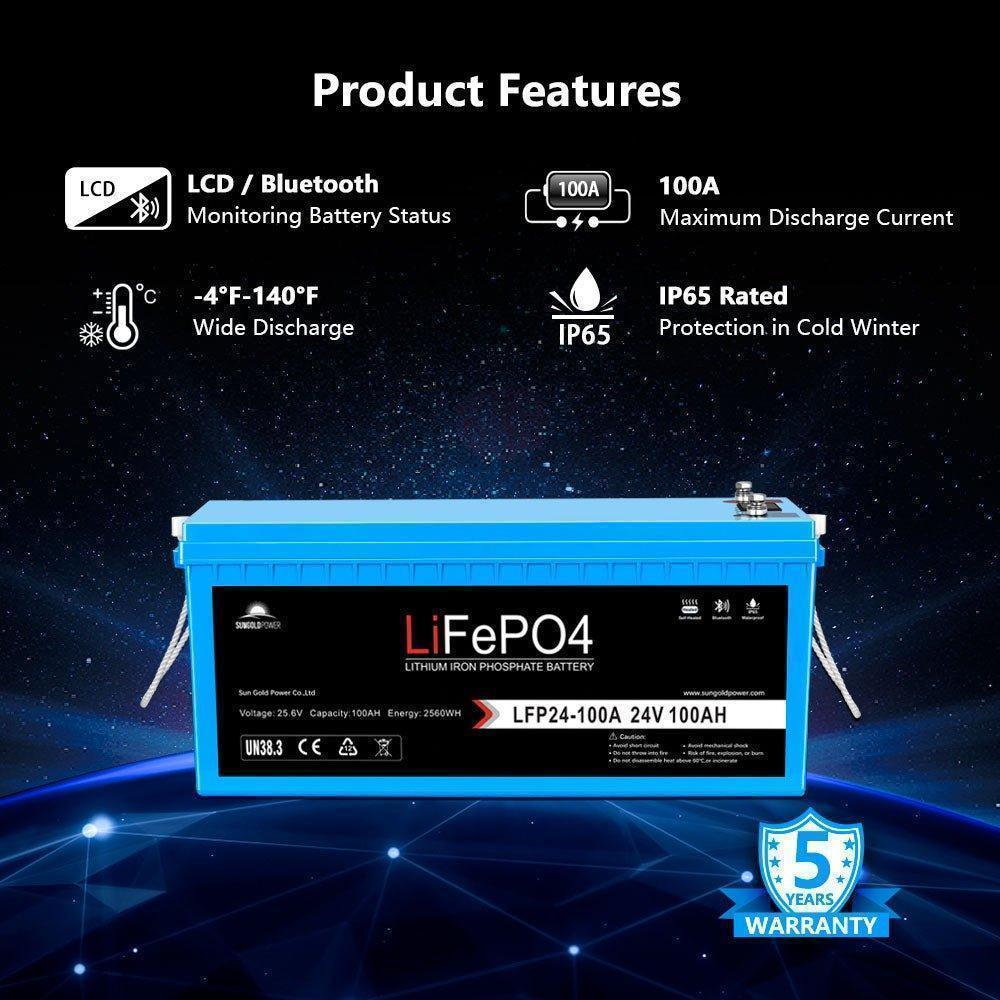 Sungold Power 24V 100Ah LiFePo4 Deep Cycle Lithium Battery Bluetooth Self-Heating / IP65
