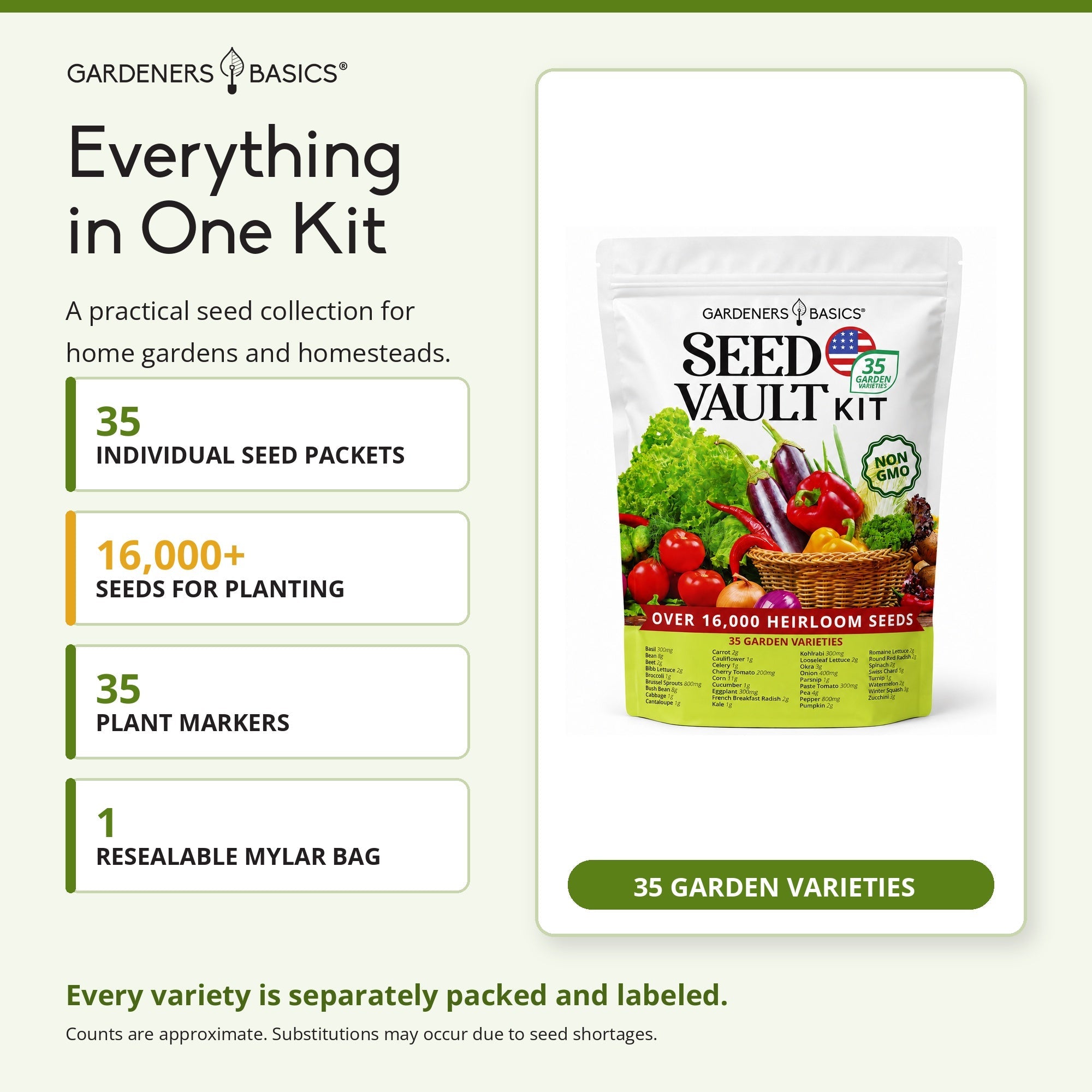 Survival Seed Vault Kit - 35 Heirloom Non-GMO Vegetable Seeds for Planting