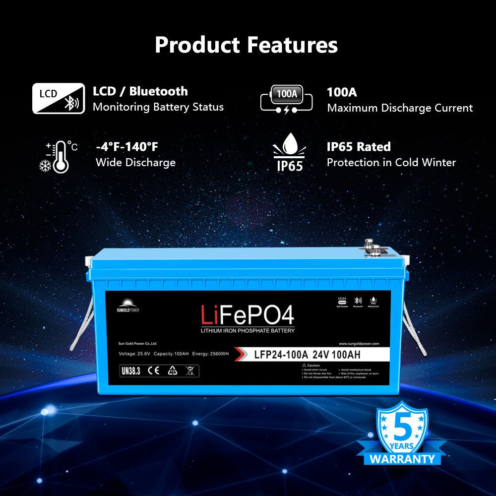 24V 100Ah LiFePo4 Deep Cycle Lithium Battery Bluetooth / Self-Heating / IP65 (SC)