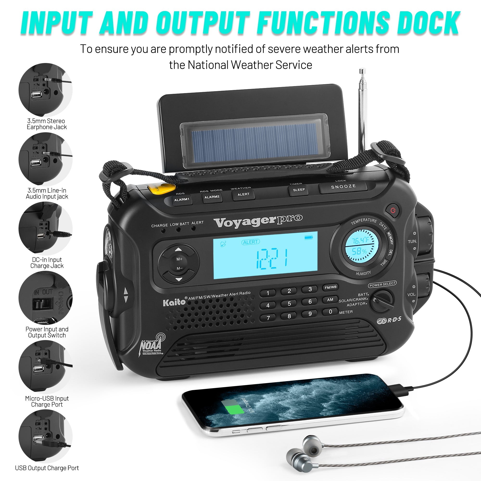 Kaito Voyager Pro KA600 Digital Solar Crank AM/FM/LW/SW NOAA Weather Radio Black (SC)