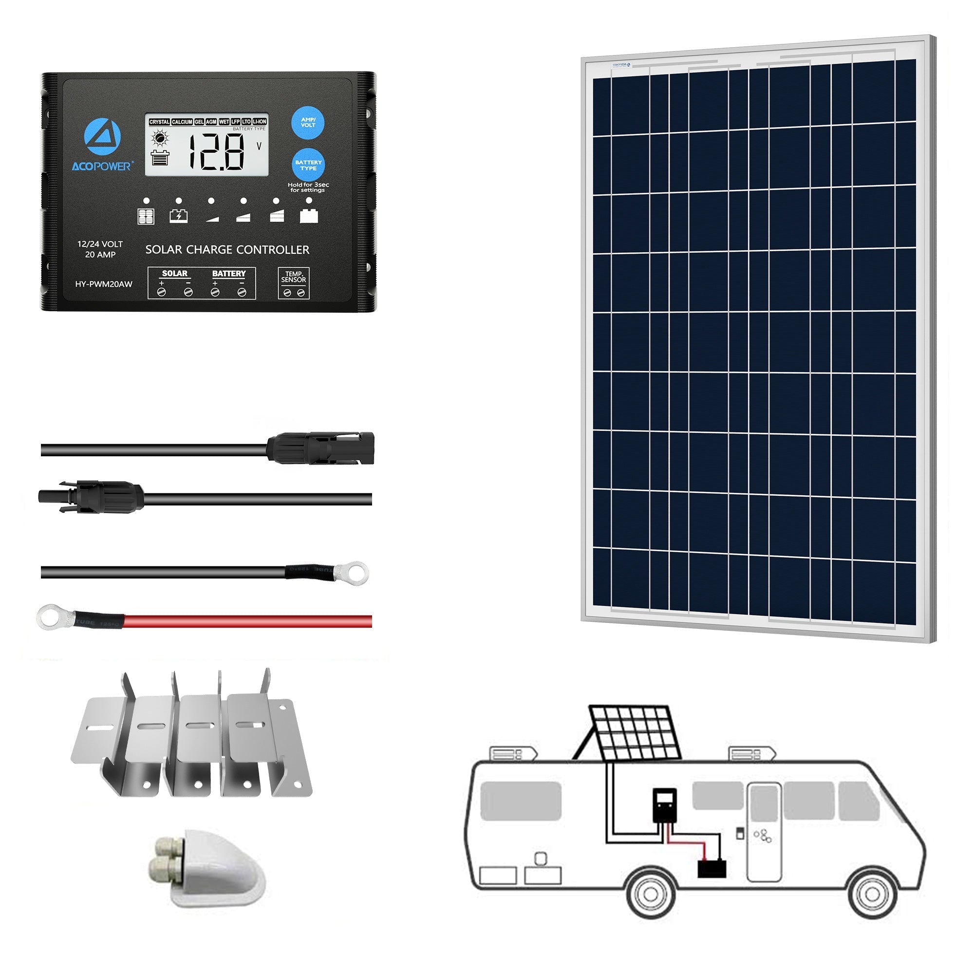 ACOPOWER 12V  Polycrystalline Solar RV Kits + MPPT / PWM Charge Controller (SC)