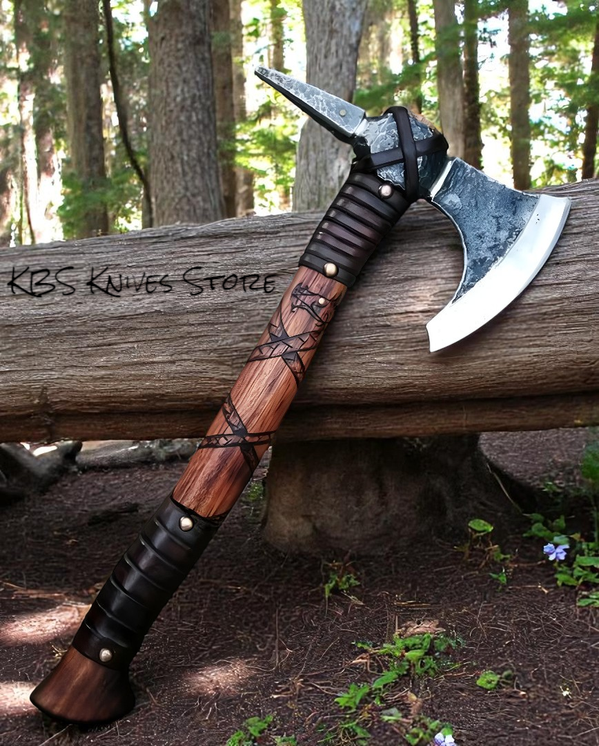 Viking Axe – Forged 1095 High Carbon Steel with Engraved Rosewood & Leather Wrap (SC)