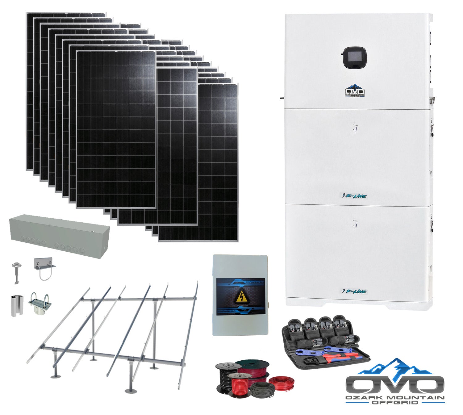 9.88KW Offgrid Solar Kit - 10K OMO E-Line 120V/240V Inverter + 2x 10.24KW OMO E-Line Lithium Battery + 9880 Watts Solar + Ground Mount and Wiring (SC)