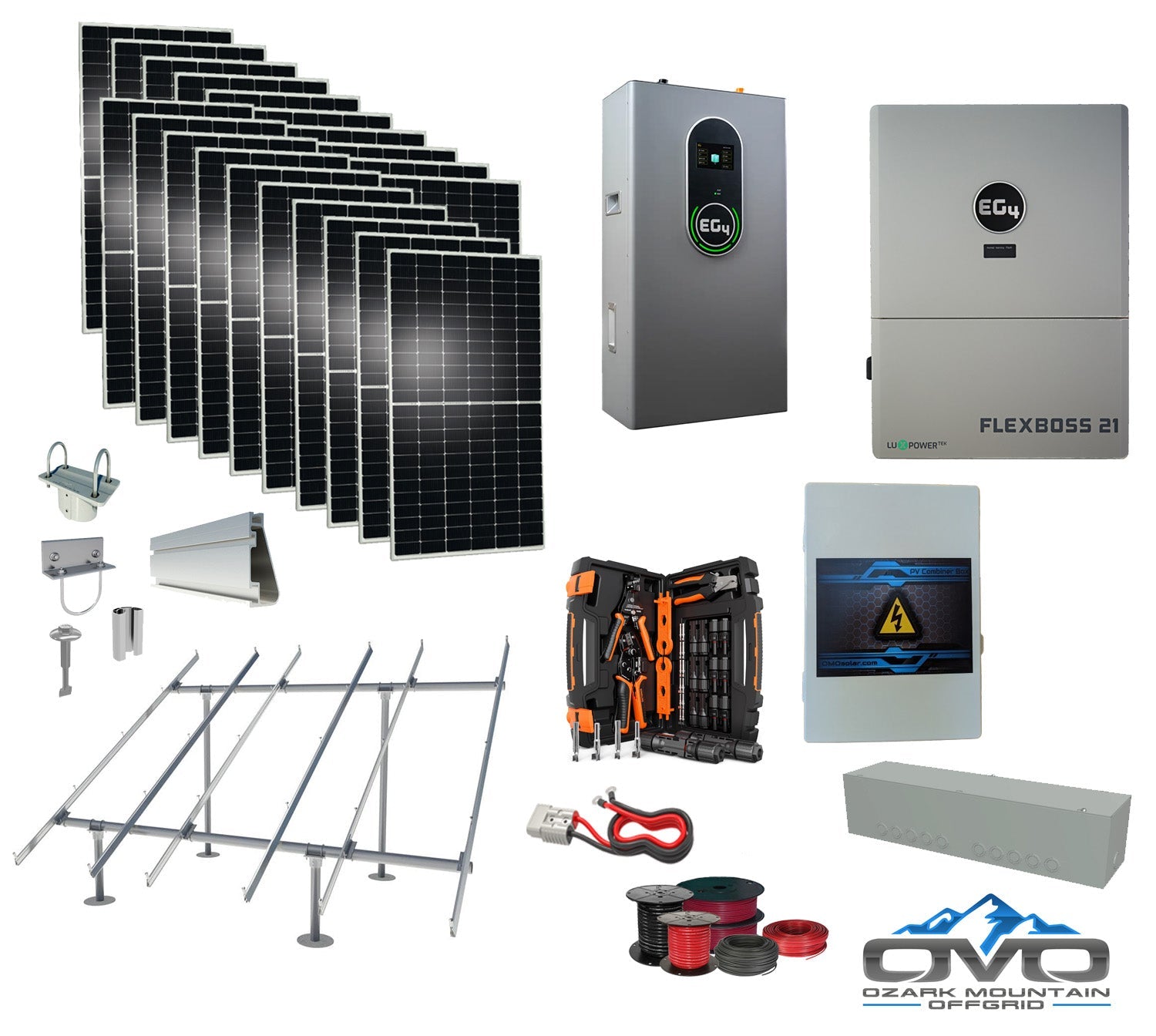 10KW Complete Offgrid Solar Kit + EG4 FlexBOSS21 + 14.3KW 48V EG4 Lithium Indoor Wall Battery + 11KW Solar with Ground Mount and Wiring (SC)