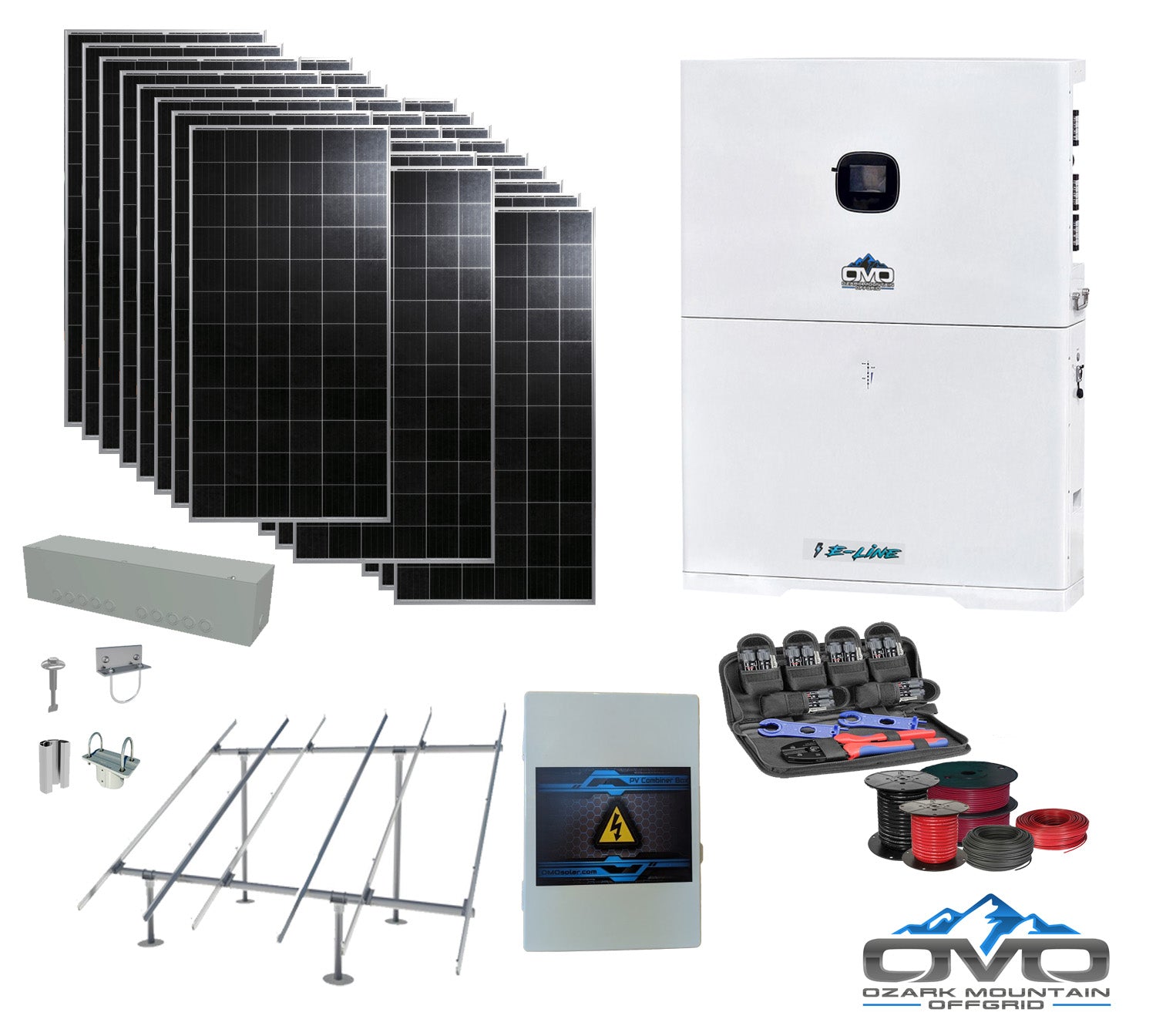 9.88KW Offgrid Solar Kit - 10K OMO E-Line 120V/240V Inverter + 10.24KW OMO E-Line Lithium Battery + 9880 Watts Solar + Ground Mount and Wiring (SC)