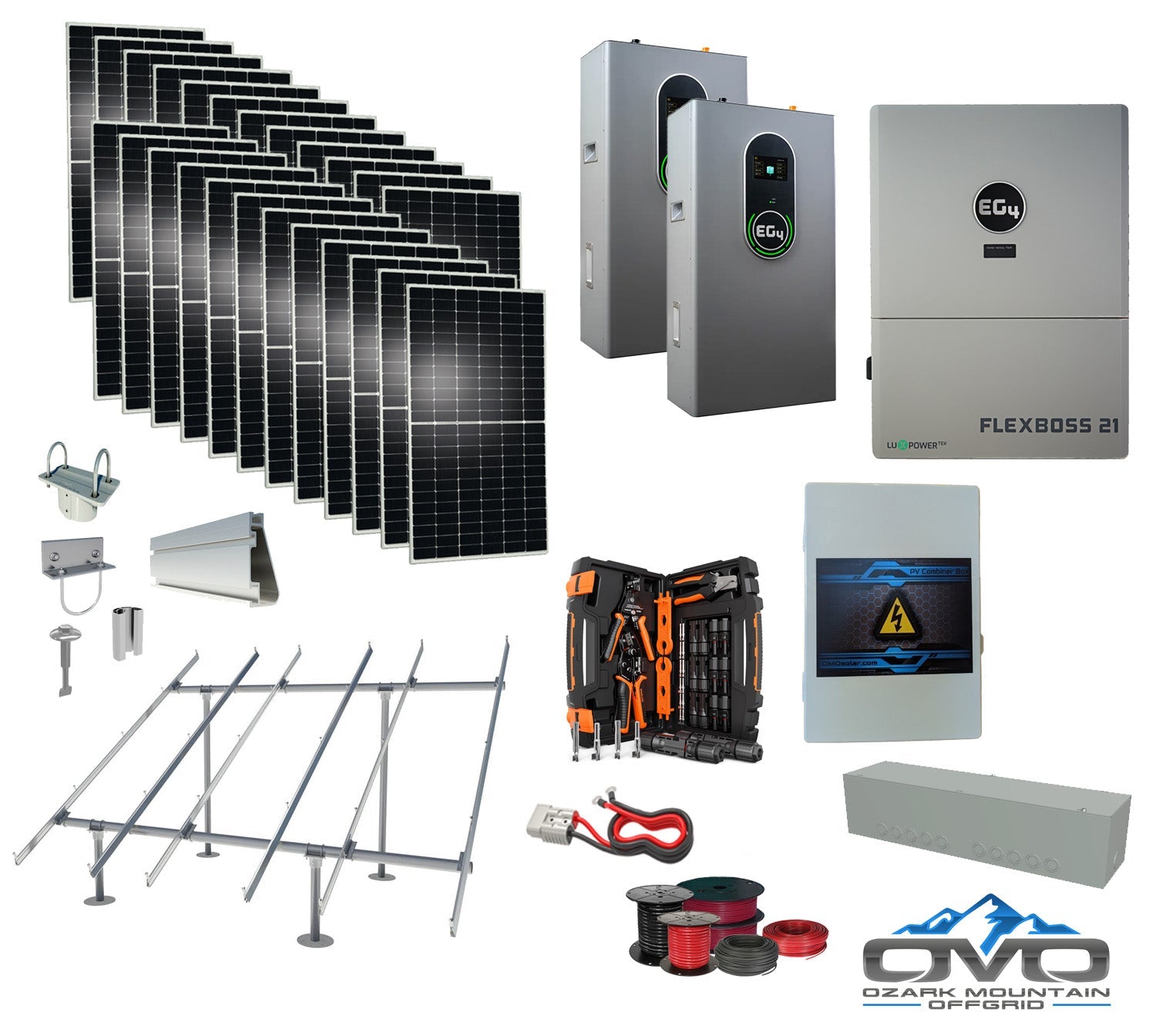 12KW Complete Offgrid Solar Kit + EG4 FlexBOSS21 + 2x 14.3KW 48V EG4 Lithium Indoor Wall Battery + 13.2KW Solar with Ground Mount and Wiring (SC)