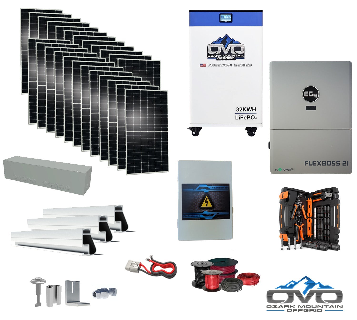 12KW Complete Offgrid Solar Kit + EG4 FlexBOSS21 + 32KW OMO 48V Freedom Series Lithium Battery + 13.2KW Solar with Roof Mounting Rails and Wiring (SC)
