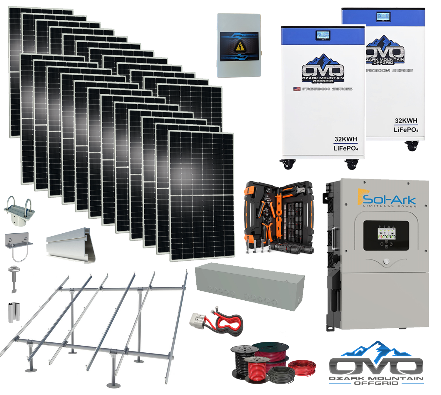 12KW Complete Offgrid Solar Kit - 2x 32kWh OMO 48V Freedom Series Lithium Battery + 15K Sol-Ark Inverter +13.2KW Solar with Ground Mount and Wiring (SC)