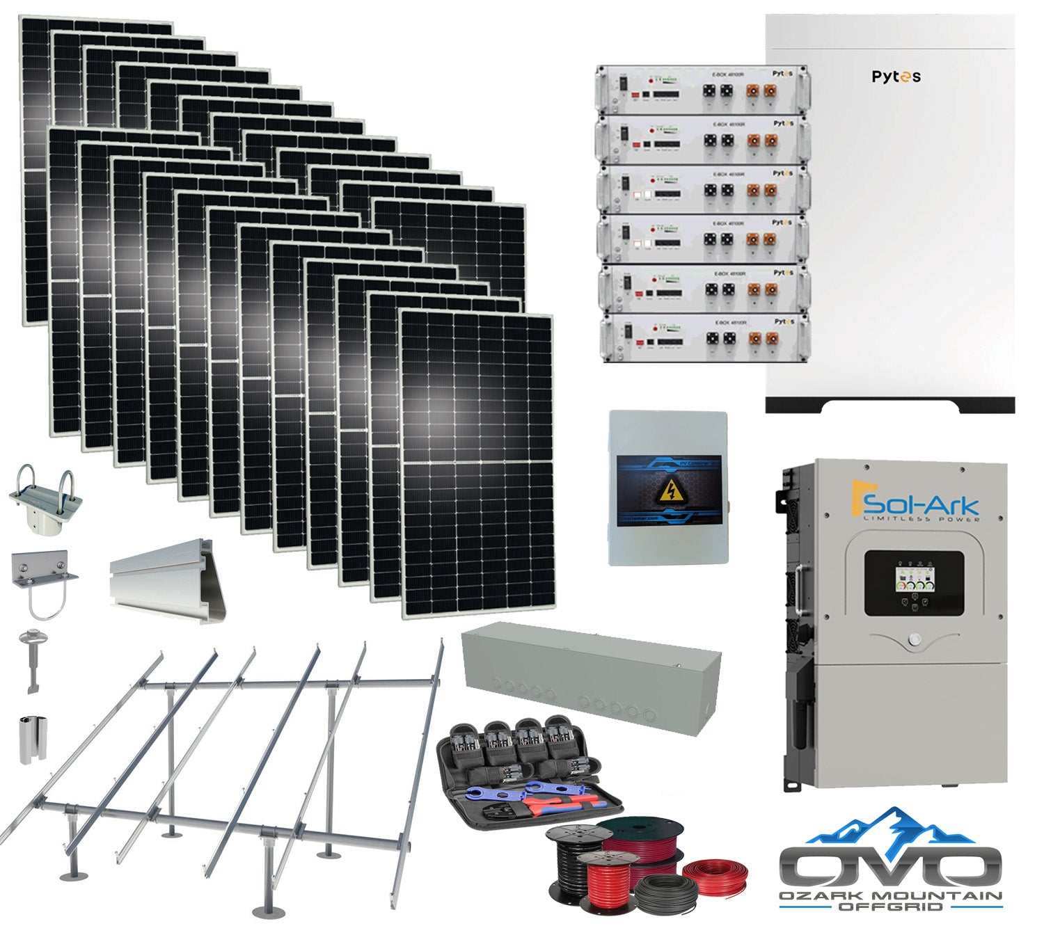 12KW Complete Offgrid Solar Kit - 30.72kWh Pytes Lithium Battery + 15K Sol-Ark Inverter +13.2KW Solar with Ground Mount Rails and Wiring (SC)