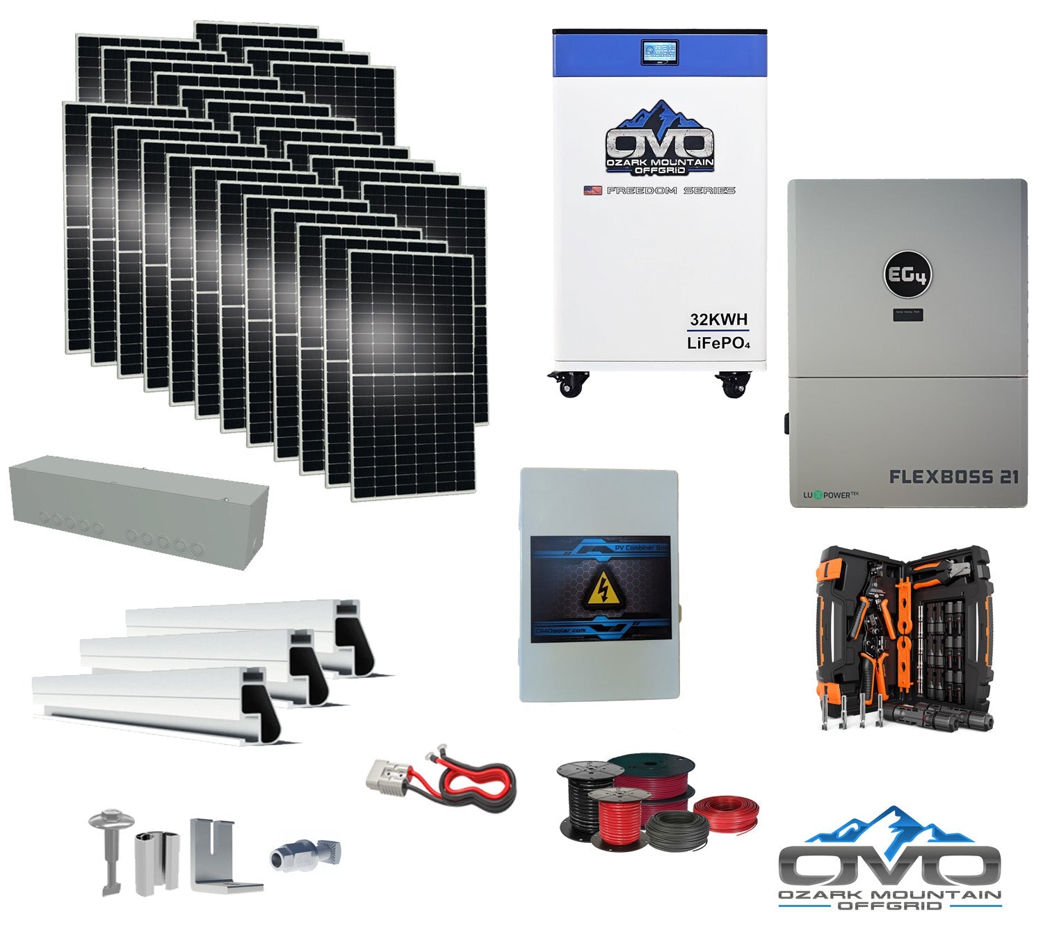15KW Complete Offgrid Solar Kit + EG4 FlexBOSS21 + 32KW OMO 48V Freedom Series Lithium Battery + 15.4KW Solar with Roof Mounting Rails and Wiring (SC)