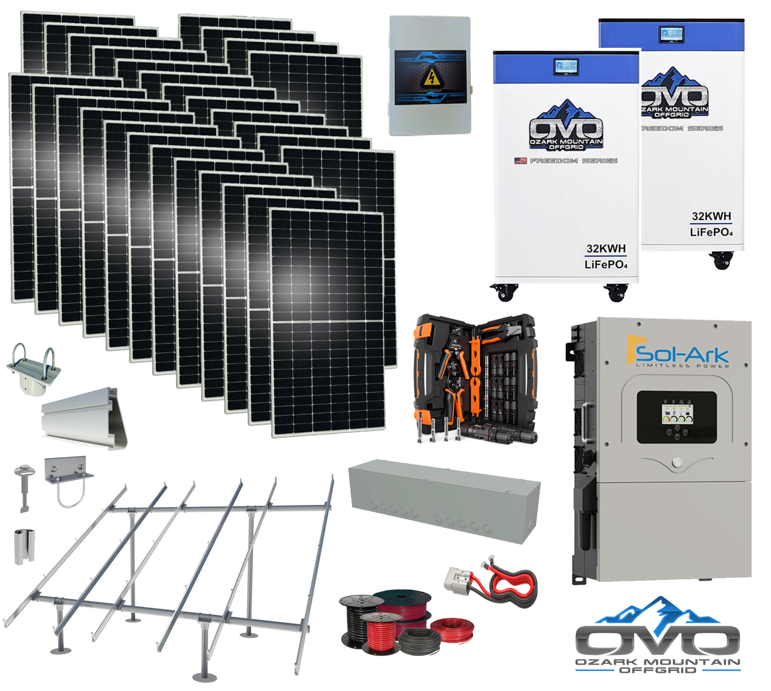 15KW Complete Offgrid Solar Kit - 2x 32kWh OMO 48V Freedom Series Lithium Battery + 15K Sol-Ark Inverter +15.4KW Solar with Ground Mount and Wiring (SC)