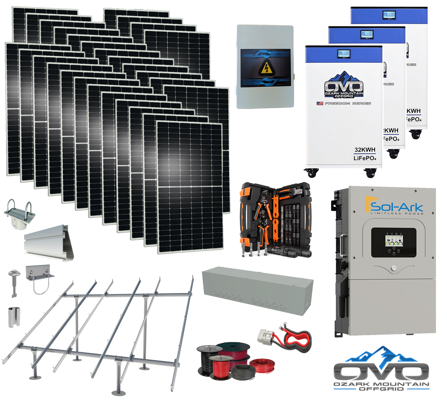 15KW Complete Offgrid Solar Kit - 3x 32kWh OMO 48V Freedom Series Lithium Battery + 15K Sol-Ark Inverter +15.4KW Solar with Ground Mount and Wiring (SC)