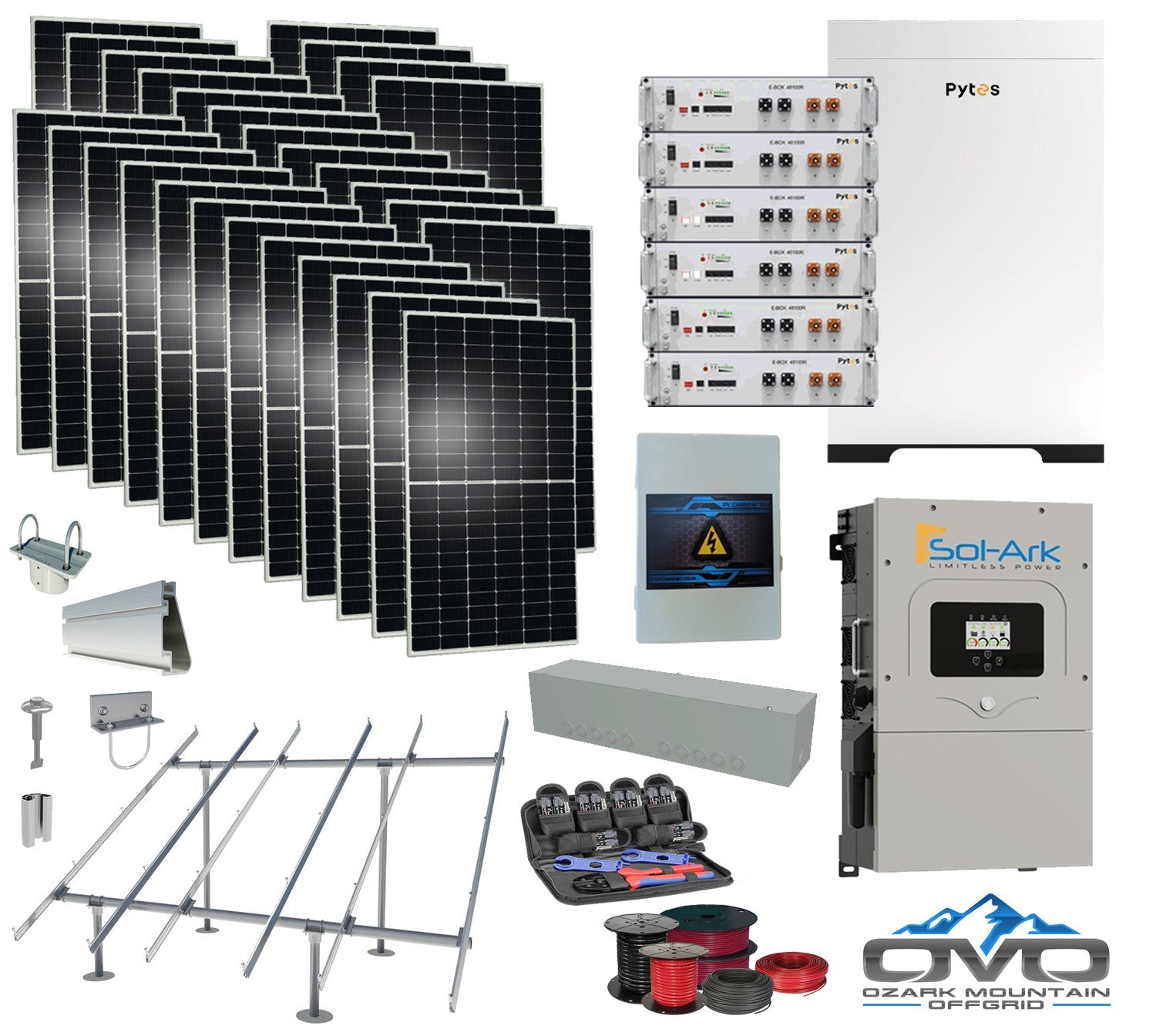 15KW Complete Offgrid Solar Kit - 30.72kWh Pytes Lithium Battery + 15K Sol-Ark Inverter +15.4KW Solar with Ground Mount Rails and Wiring (SC)