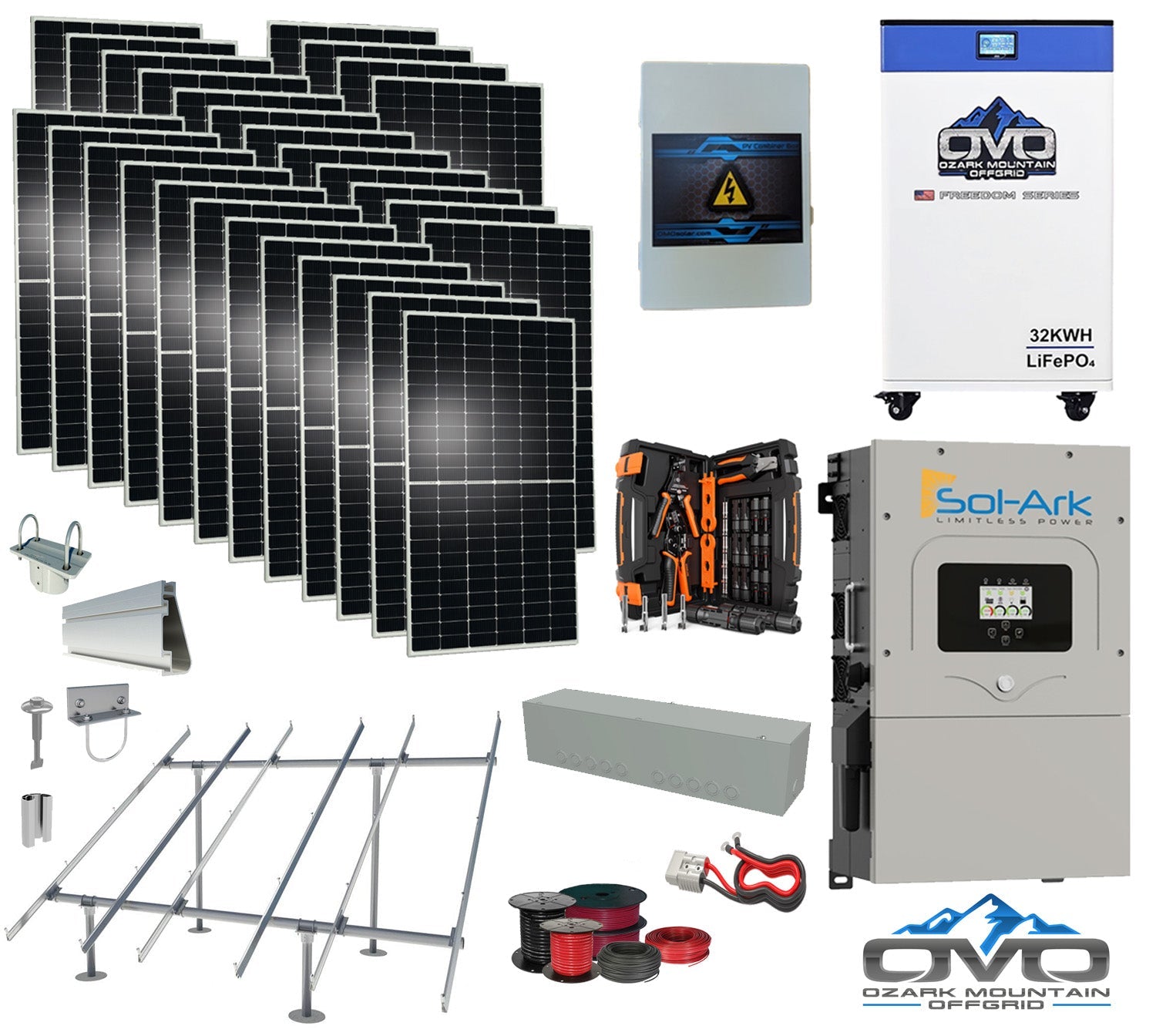 15KW Complete Offgrid Solar Kit - 32kWh OMO 48V Freedom Series Lithium Battery + 15K Sol-Ark Inverter +15.4KW Solar with Ground Mount Rails and Wiring (SC)