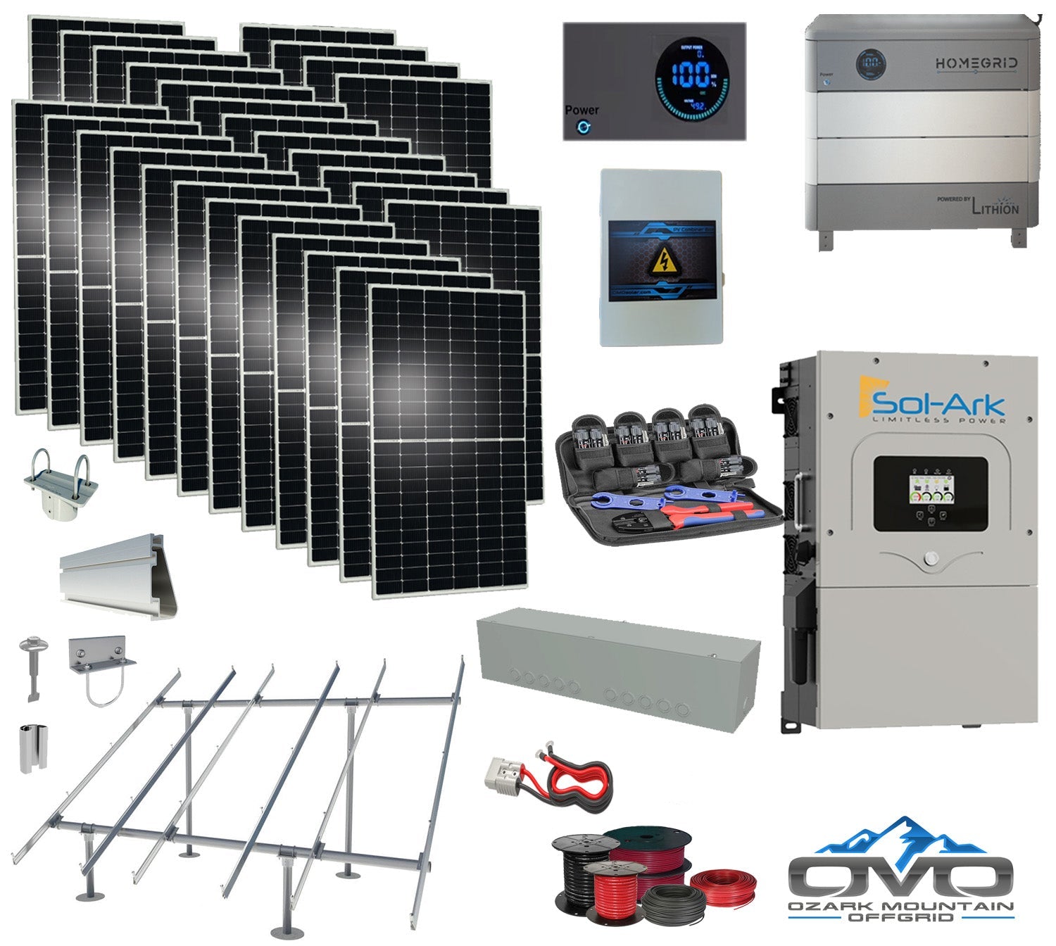 15KW Complete Offgrid Solar Kit - Homegrid 9.6kWh Lithium Battery + 15K Sol-Ark Inverter +15.4KW Solar with Ground Mount Rails and Wiring (SC)