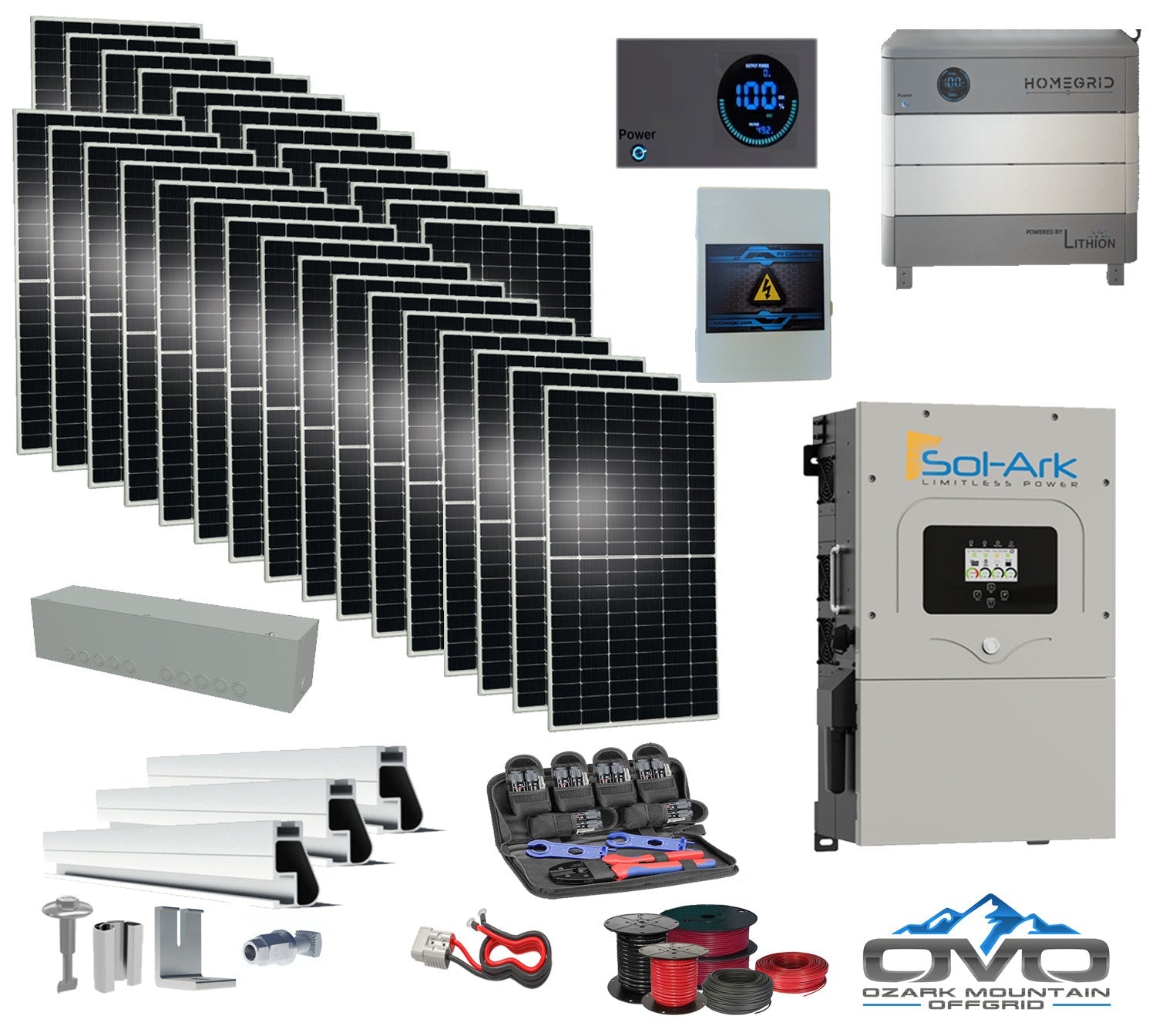 15KW Complete Offgrid Solar Kit - Homegrid 9.6kWh Lithium Battery + 15K Sol-Ark Inverter +15.4KW Solar with Mounting Rails and Wiring (SC)