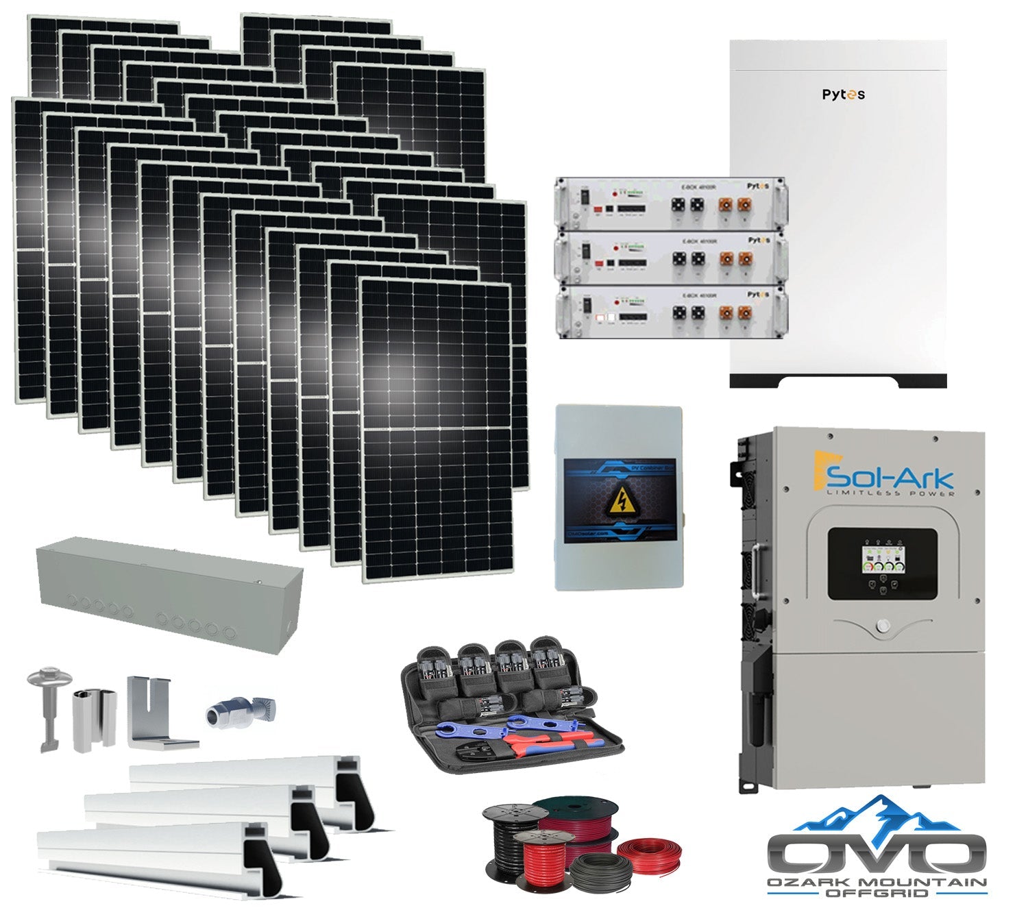 15KW Complete Offgrid Solar Kit - 15.36kWh Pytes Lithium Battery + 15K Sol-Ark Inverter +15.4KW Solar with Mounting Rails and Wiring (SC)