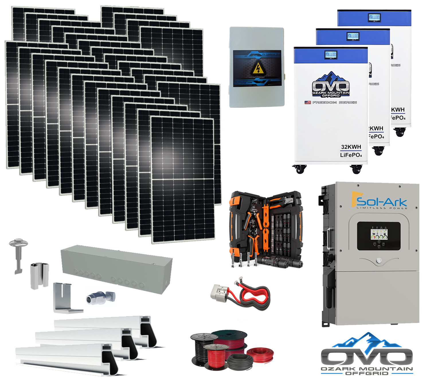 15KW Complete Offgrid Solar Kit - 3x 32kWh OMO 48V Freedom Series Lithium Battery + 15K Sol-Ark Inverter +15.4KW Solar with Roof Mount and Wiring (SC)