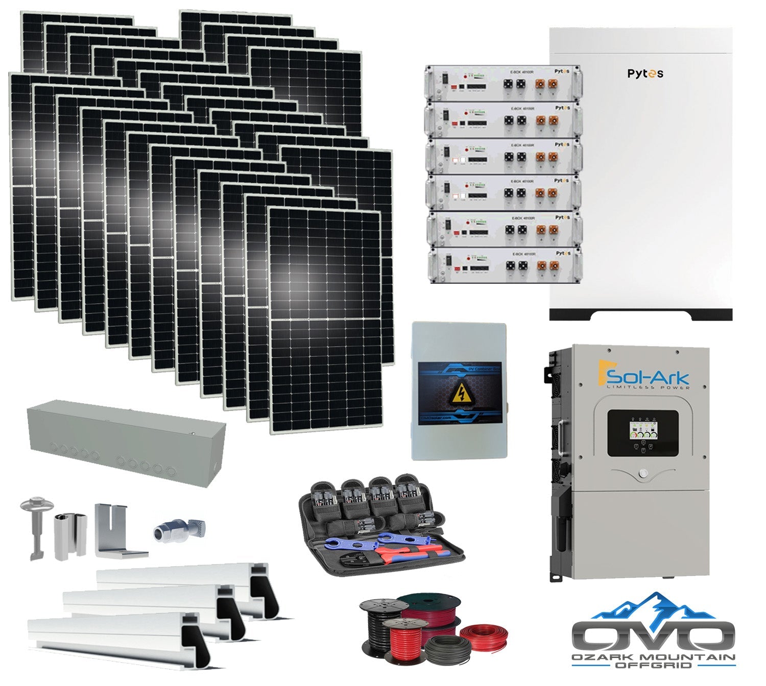 15KW Complete Offgrid Solar Kit - 30.72kWh Pytes Lithium Battery + 15K Sol-Ark Inverter +15.4KW Solar with Mounting Rails and Wiring (SC)