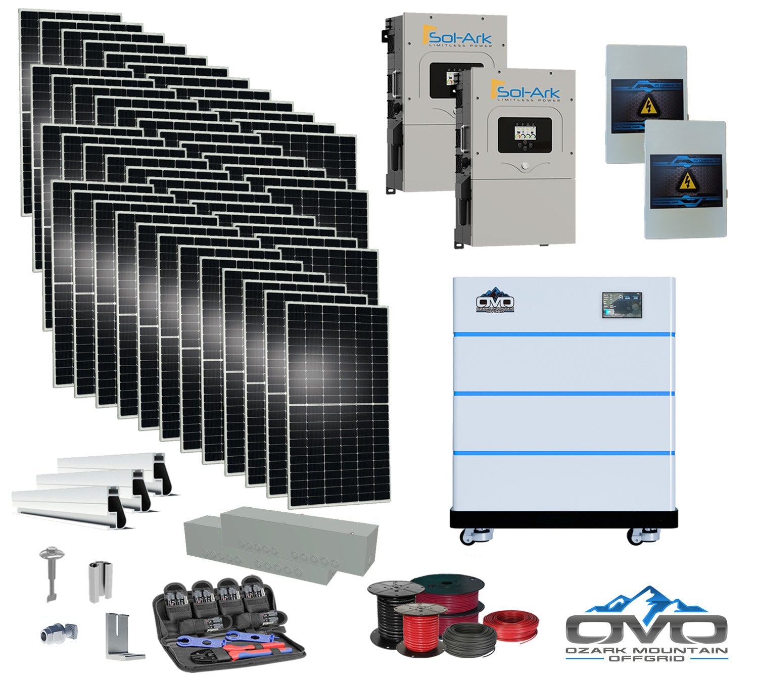 25KW Complete Offgrid Solar Kit - 15K Sol-Ark Inverter + 15.36KW OMO Stack Lithium Battery +26.4KW Solar with Mounting Rails and Wiring (SC)