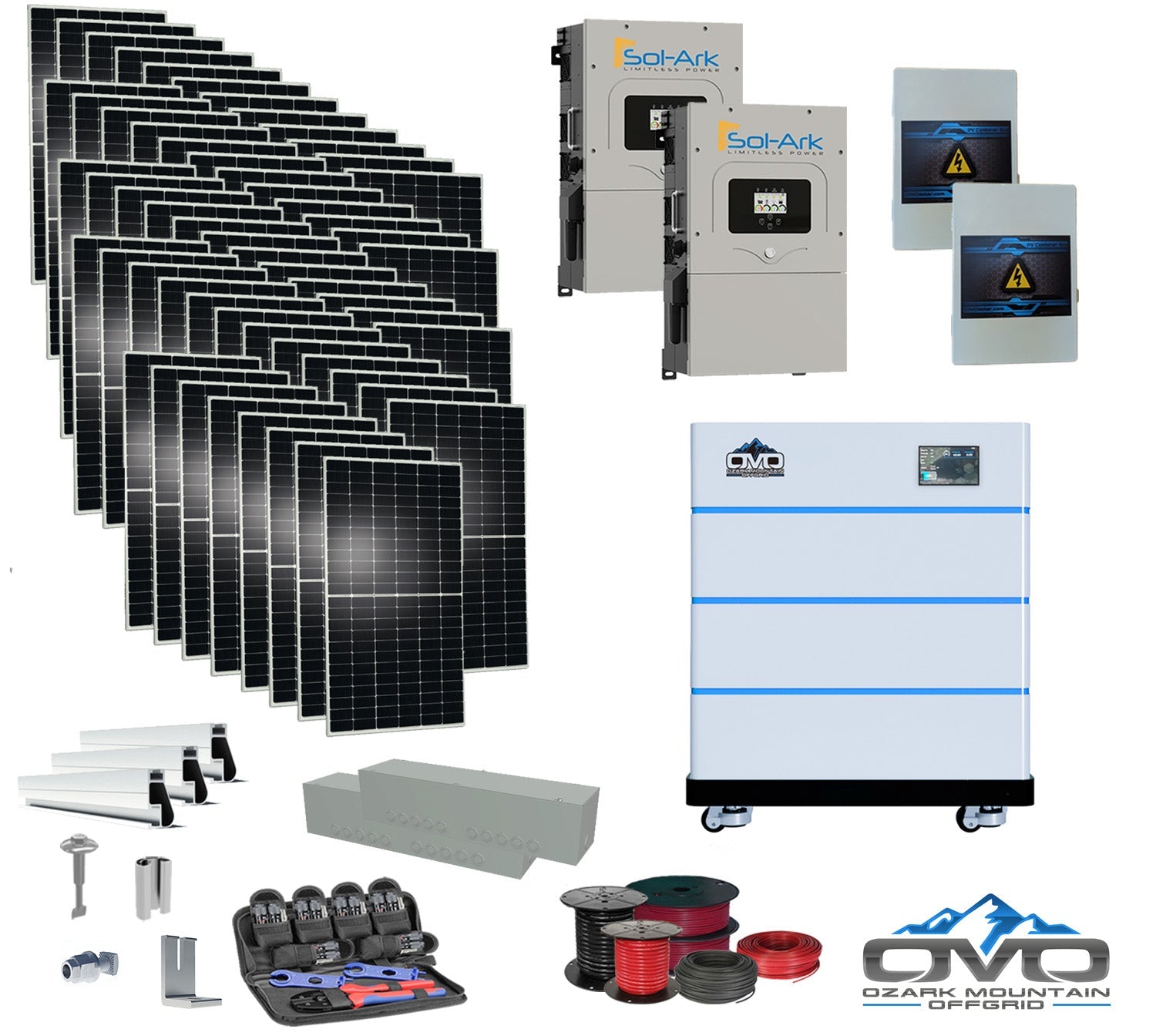 30KW Complete Offgrid Solar Kit - 15K Sol-Ark Inverter + 15.36KW OMO Stack Lithium Battery +30.8KW Solar with Mounting Rails and Wiring (SC)