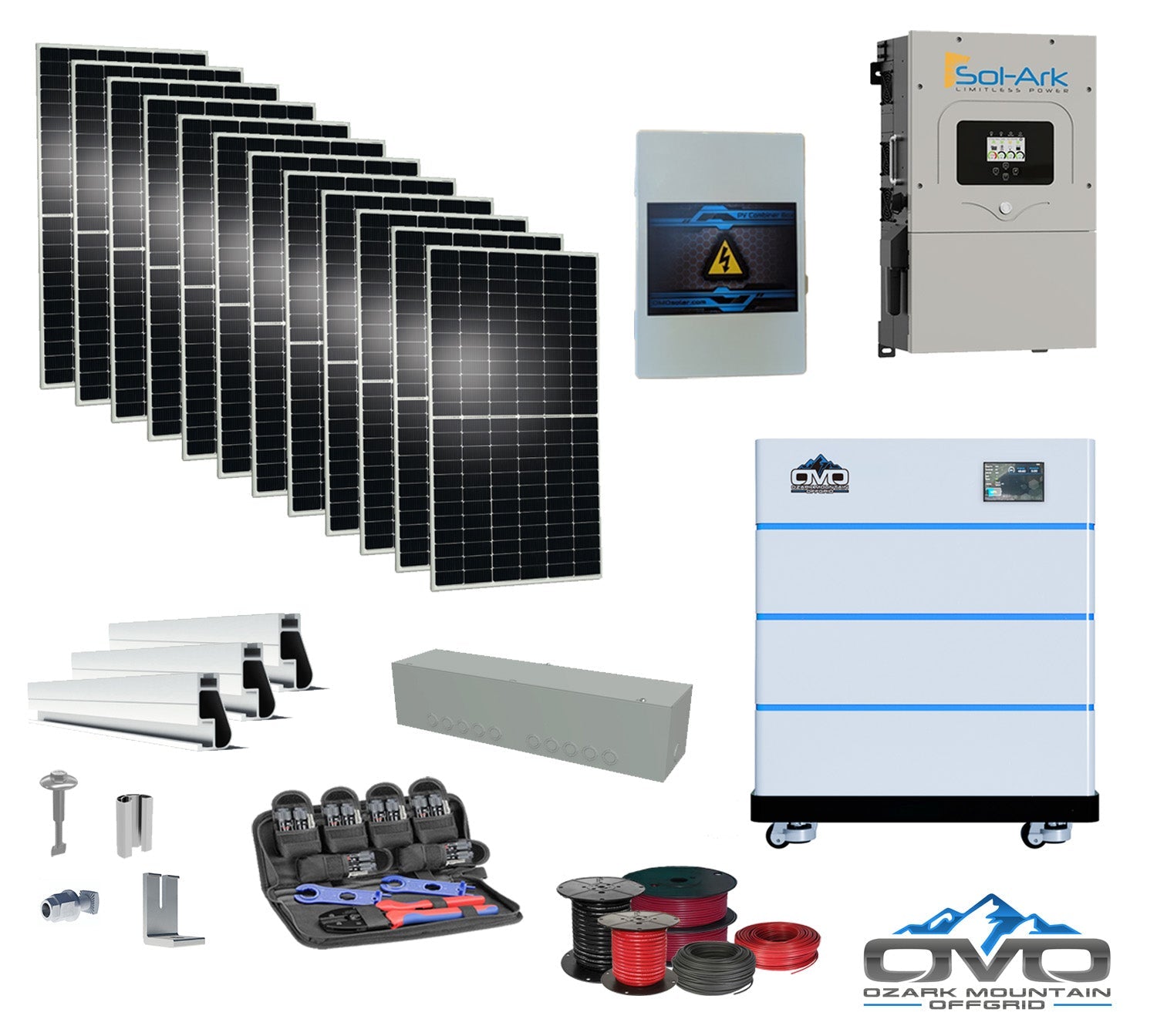6KW Complete Offgrid Solar Kit - 15K Sol-Ark Inverter + 15.36KW OMO Stack Lithium Battery +6.6KW Solar with Mounting Rails and Wiring (SC)