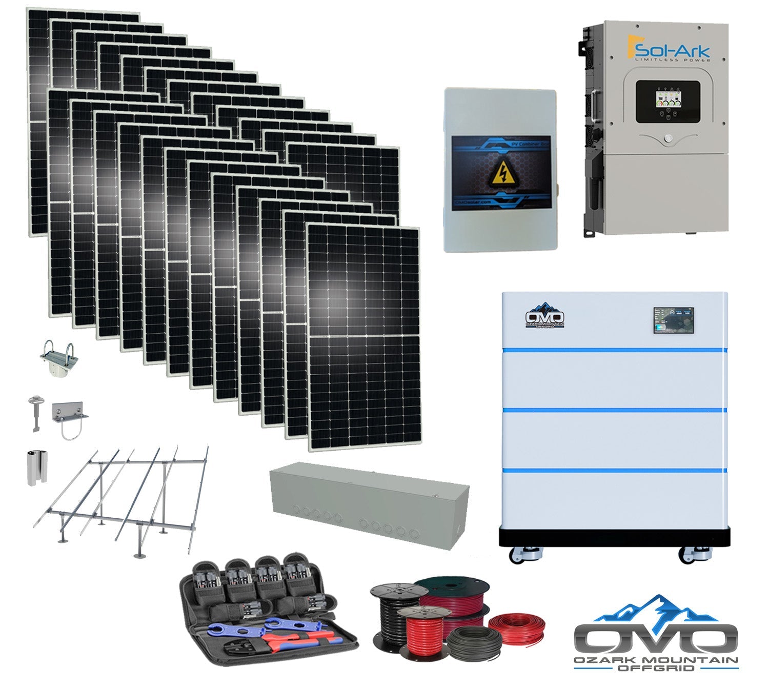 12KW Complete Offgrid Solar Kit - 15K Sol-Ark Inverter + 15.36KW OMO Stack Lithium Battery +13.2KW Solar with Ground Mount and Wiring (SC)
