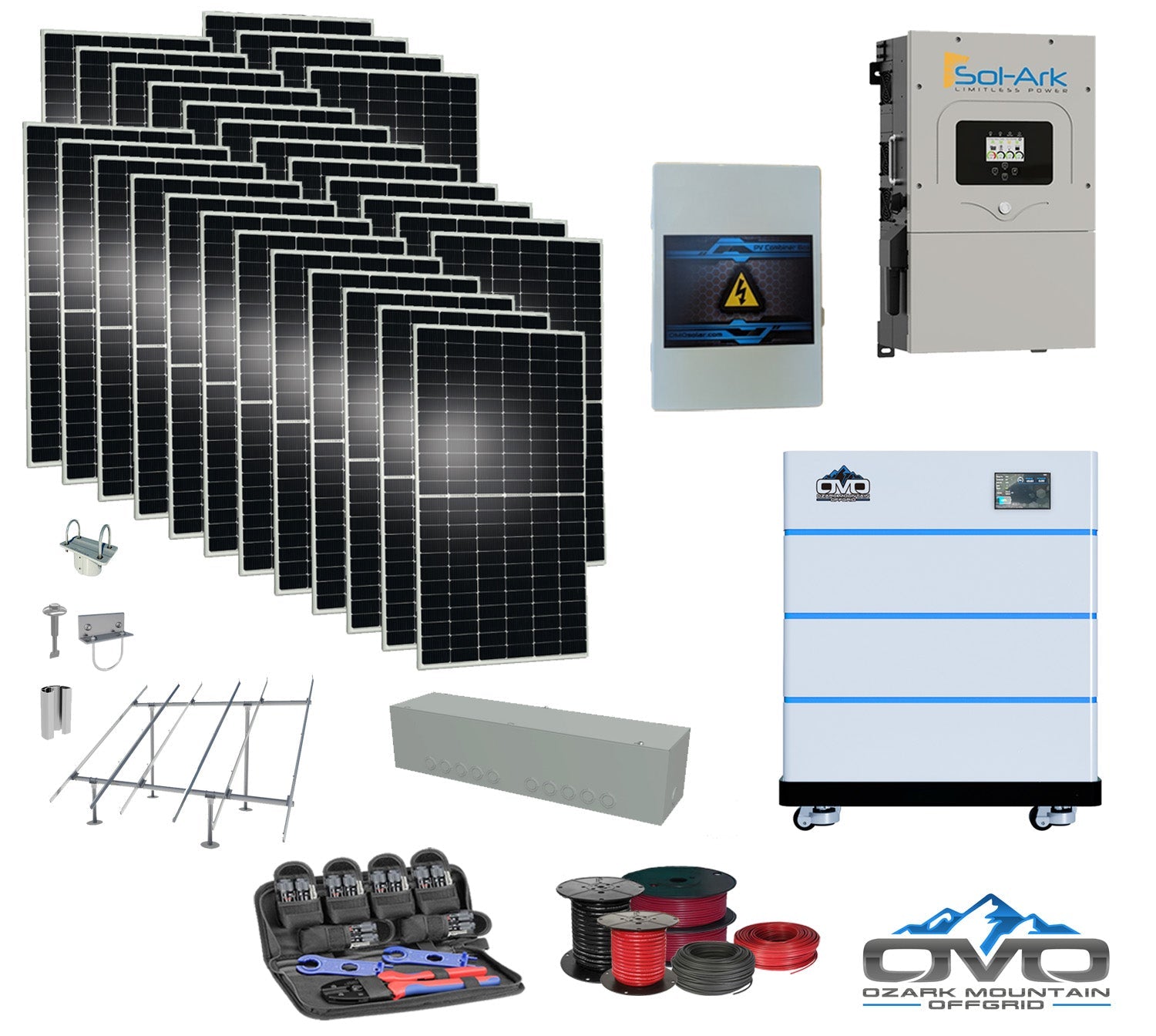 15KW Complete Offgrid Solar Kit - 15K Sol-Ark Inverter + 15.36KW OMO Stack Lithium Battery +15.4KW Solar with Ground Mount and Wiring (SC)