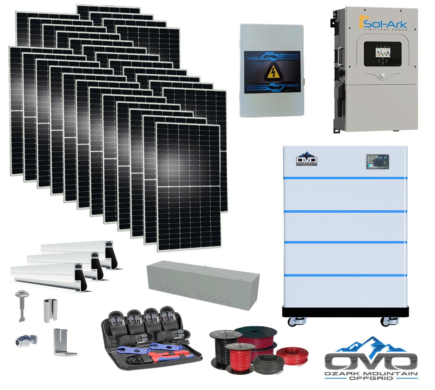 15KW Complete Offgrid Solar Kit - 15K Sol-Ark Inverter + 20.48KW OMO Stack Lithium Battery +15.4KW Solar with Mounting Rails and Wiring (SC)
