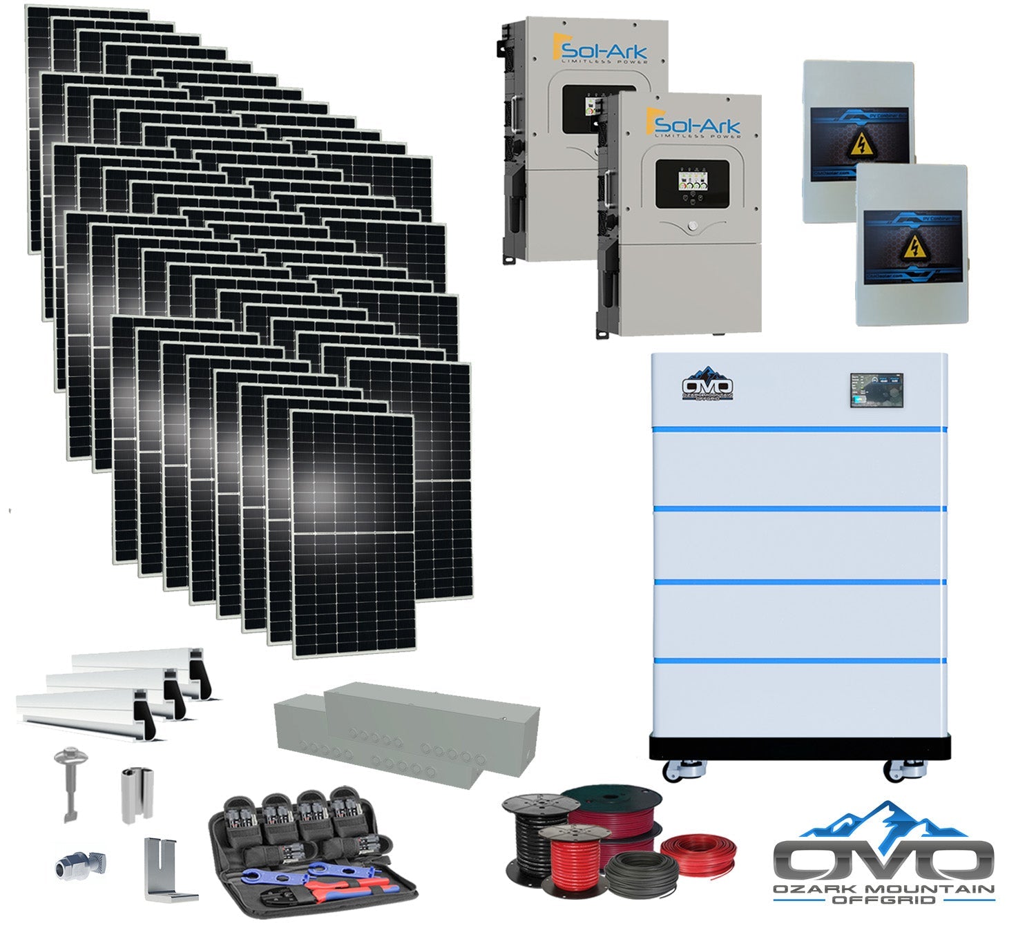 30KW Complete Offgrid Solar Kit - 15K Sol-Ark Inverter + 20.48KW OMO Stack Lithium Battery +30.8KW Solar with Mounting Rails and Wiring (SC)