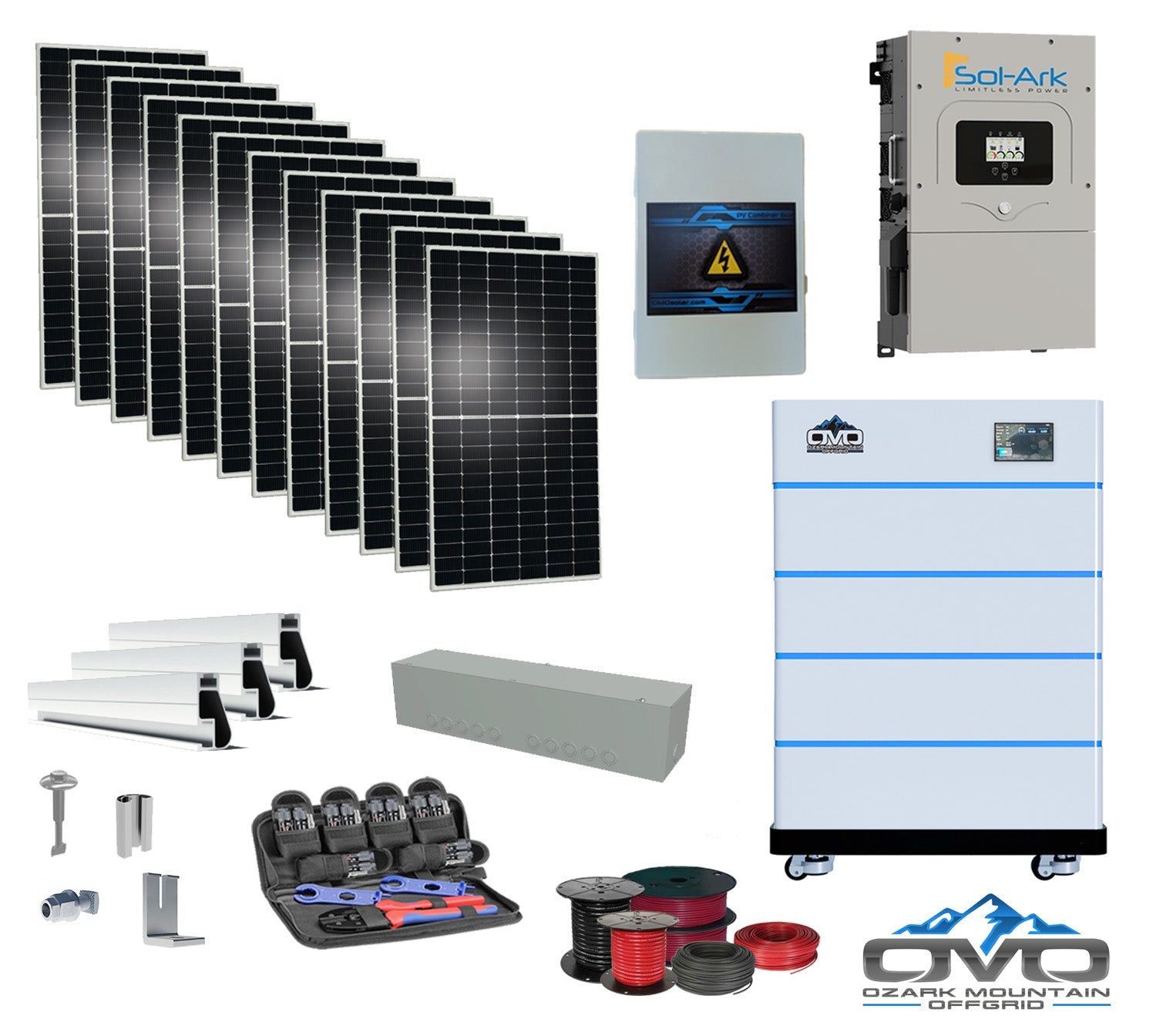 6KW Complete Offgrid Solar Kit - 15K Sol-Ark Inverter + 20.48KW OMO Stack Lithium Battery +6.6KW Solar with Mounting Rails and Wiring (SC)