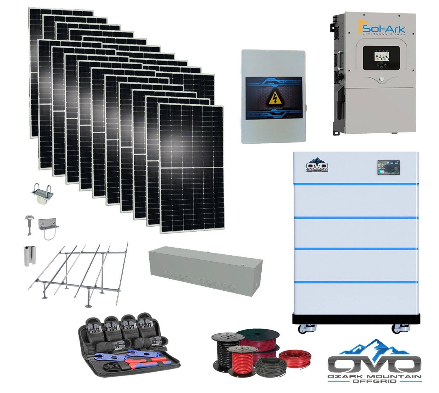10KW Complete Offgrid Solar Kit - 15K Sol-Ark Inverter + 20.48KW OMO Stack Lithium Battery +11KW Solar with Ground Mount and Wiring (SC)