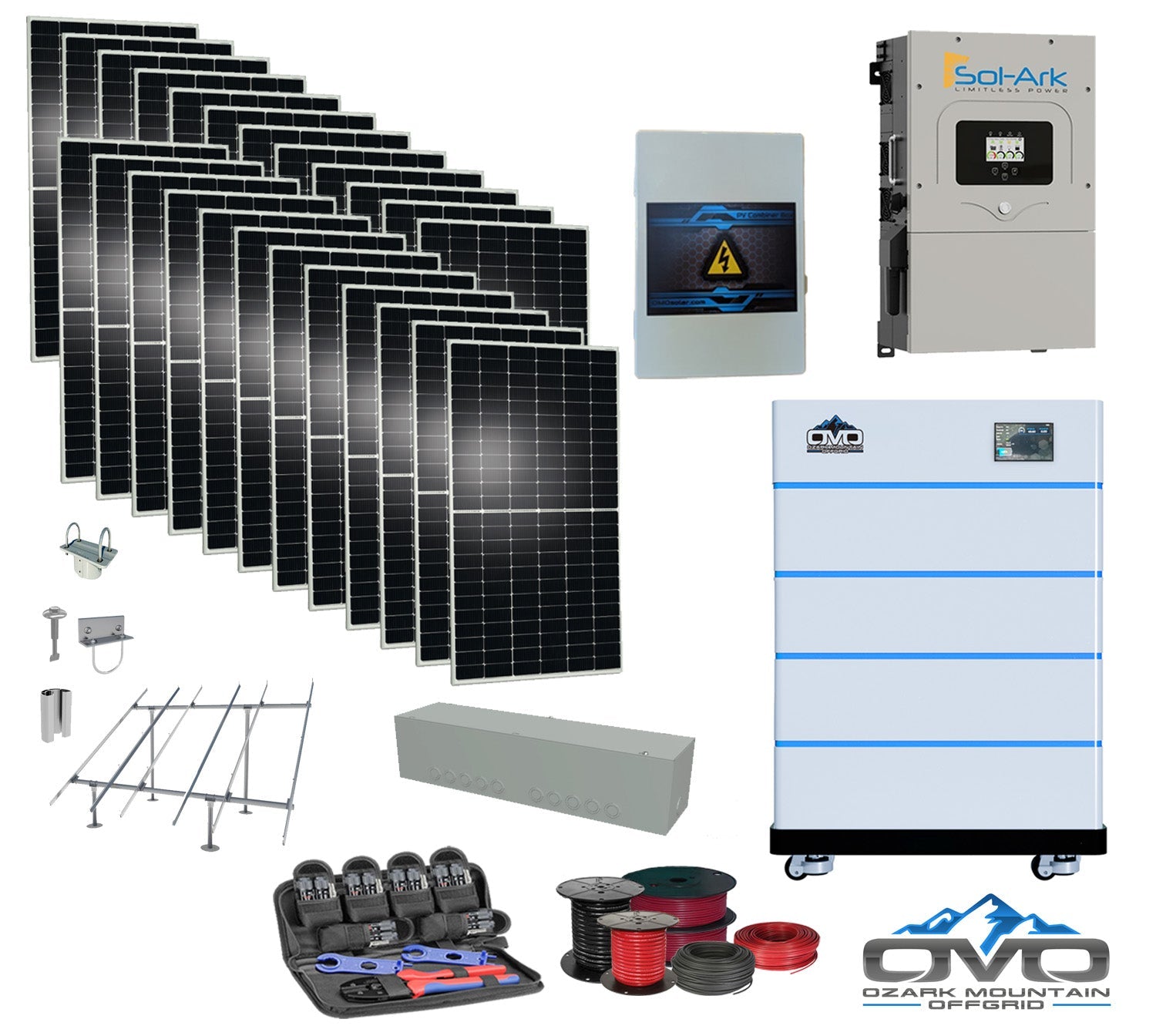 12KW Complete Offgrid Solar Kit - 15K Sol-Ark Inverter + 20.48KW OMO Stack Lithium Battery +13.2KW Solar with Ground Mount and Wiring (SC)
