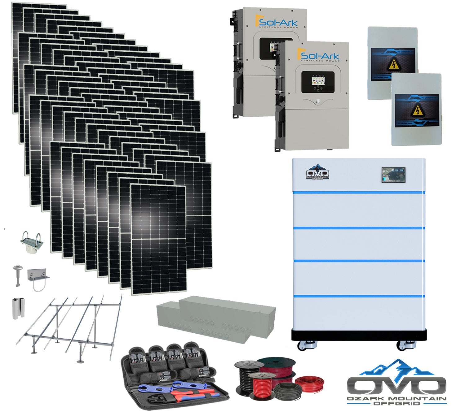 30KW Complete Offgrid Solar Kit - 15K Sol-Ark Inverter + 20.48KW OMO Stack Lithium Battery +30.8KW Solar with Ground Mount and Wiring (SC)
