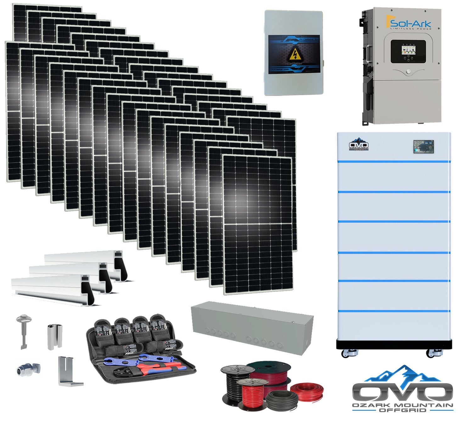 17KW Complete Offgrid Solar Kit - 15K Sol-Ark Inverter + 30.72KW OMO Stack Lithium Battery +17.6KW Solar with Mounting Rails and Wiring (SC)