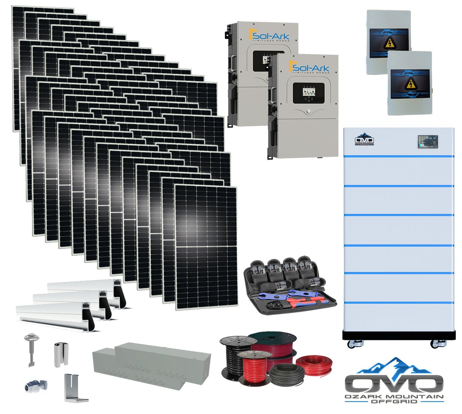 25KW Complete Offgrid Solar Kit - 15K Sol-Ark Inverter + 30.72KW OMO Stack Lithium Battery +26.4KW Solar with Mounting Rails and Wiring (SC)